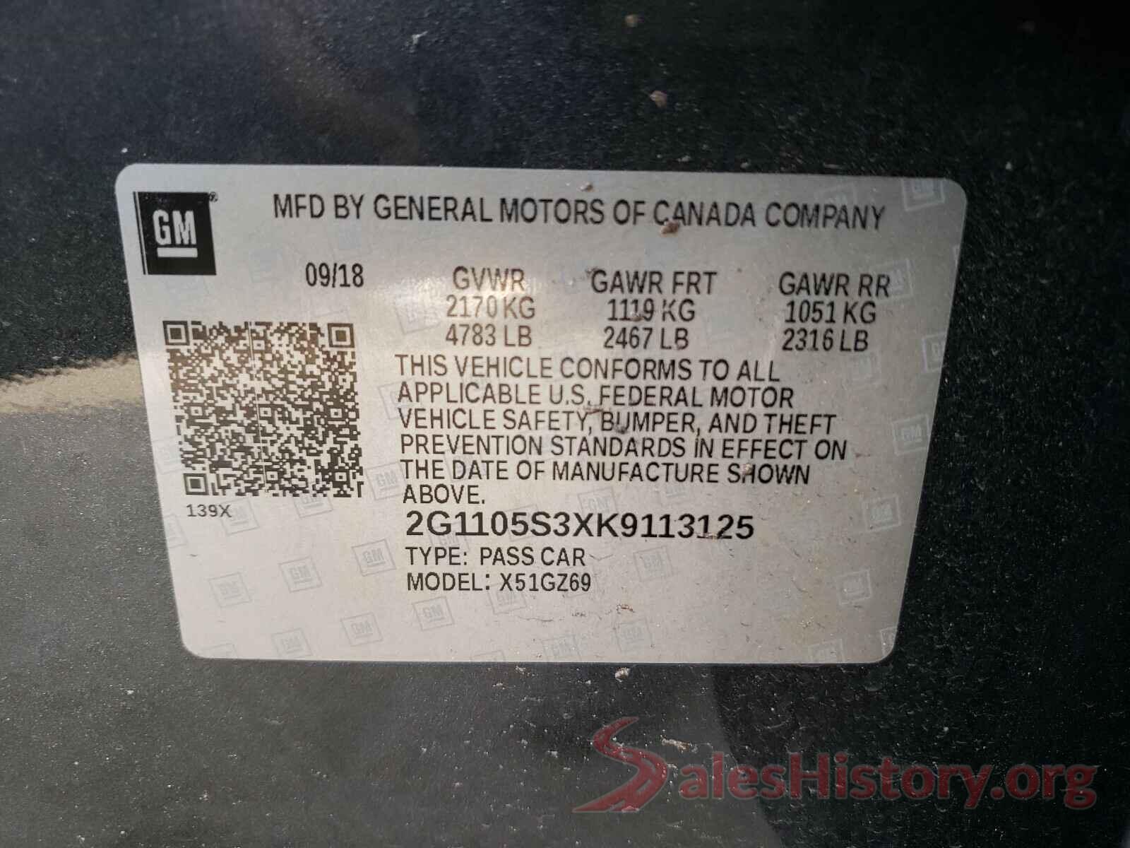 2G1105S3XK9113125 2019 CHEVROLET IMPALA