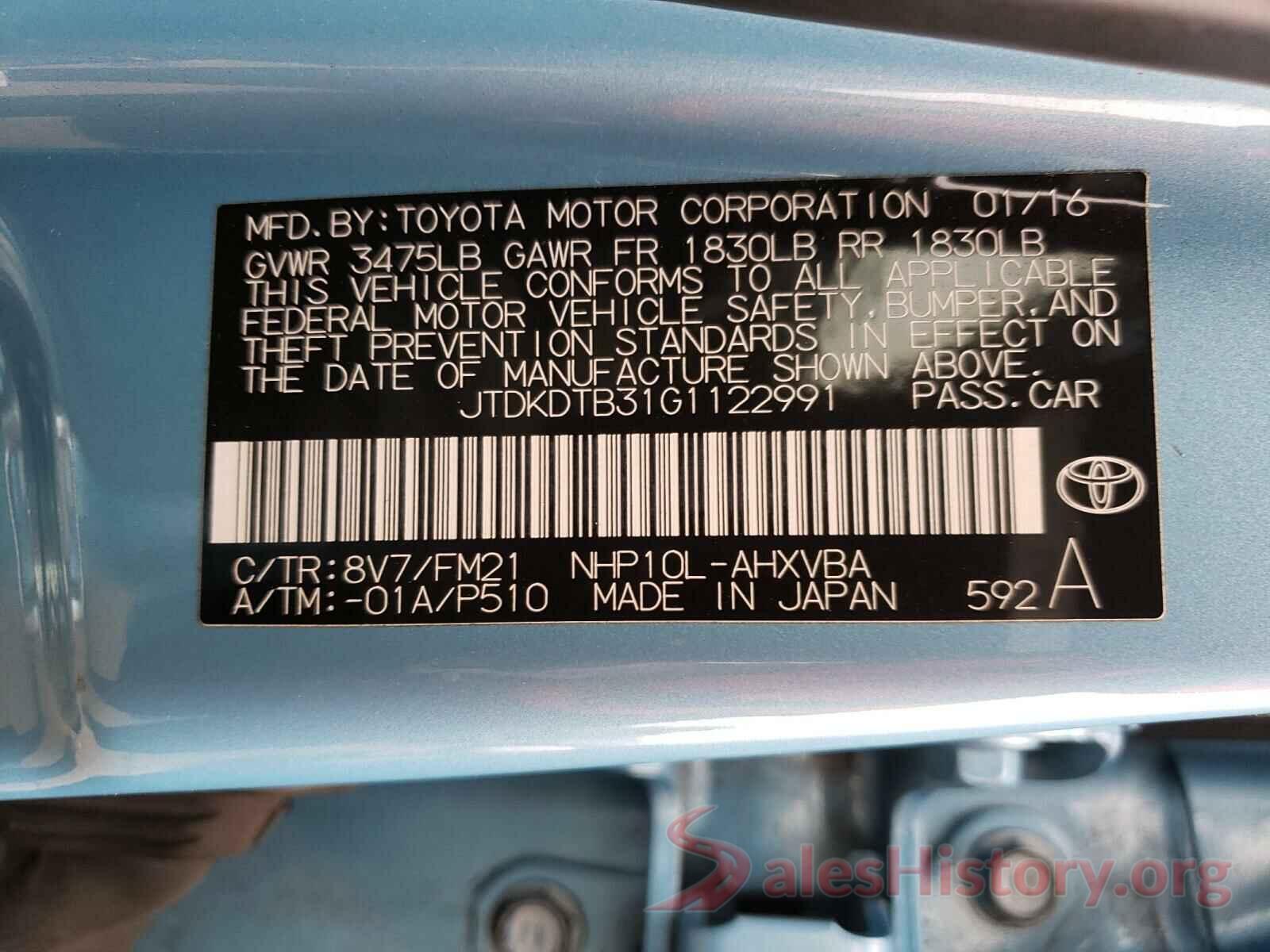 JTDKDTB31G1122991 2016 TOYOTA PRIUS