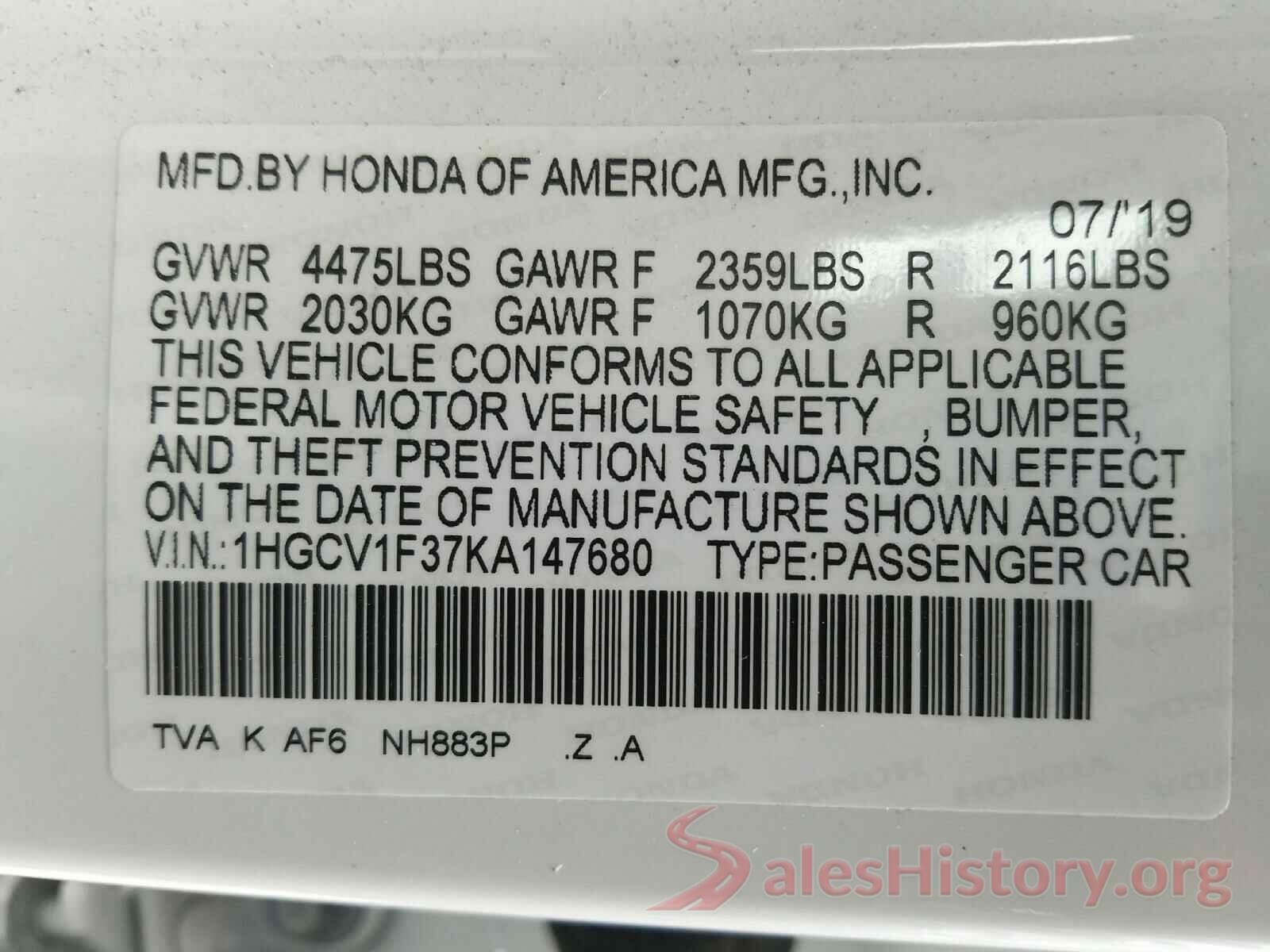 1HGCV1F37KA147680 2019 HONDA ACCORD