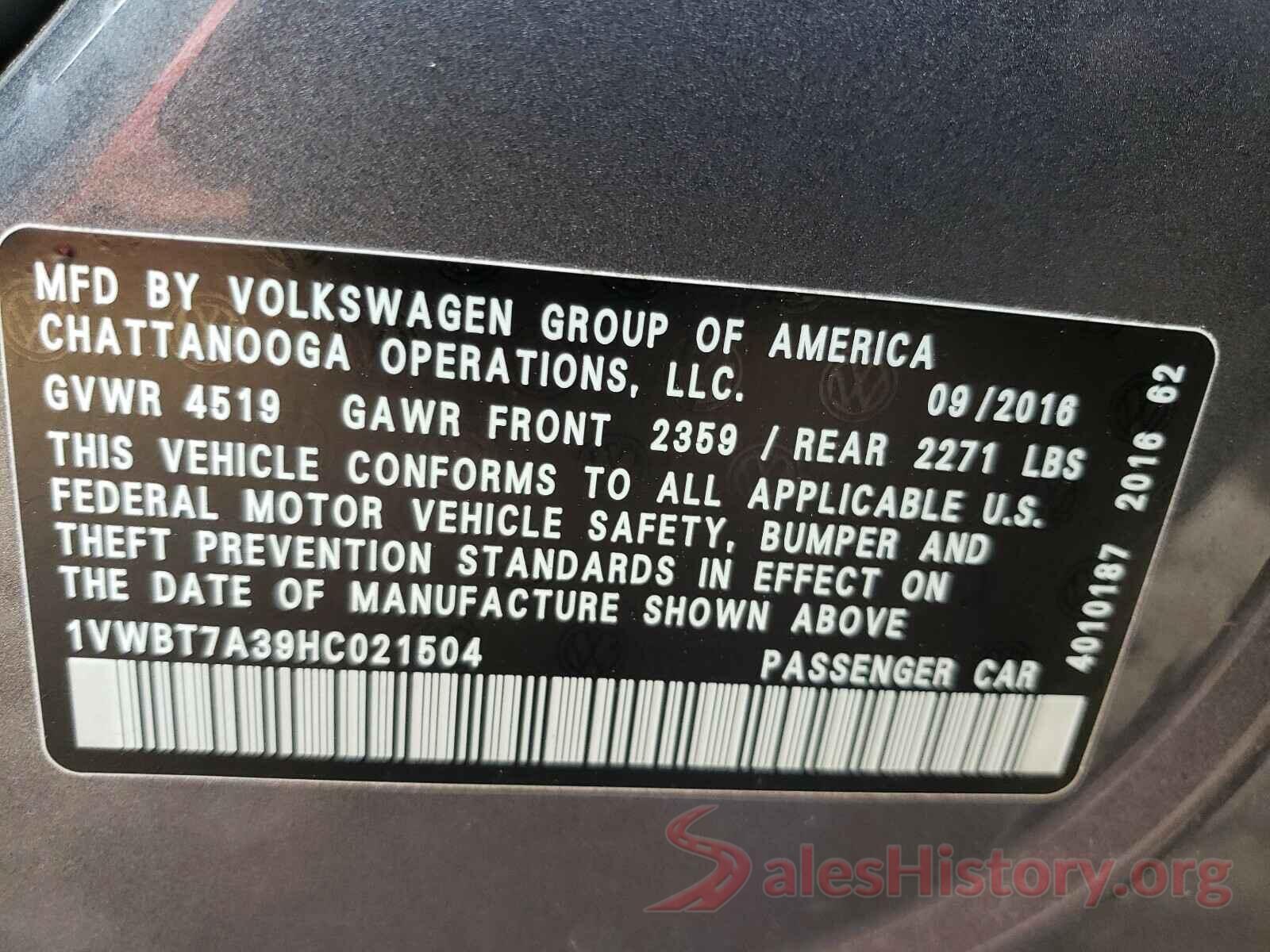 1VWBT7A39HC021504 2017 VOLKSWAGEN PASSAT