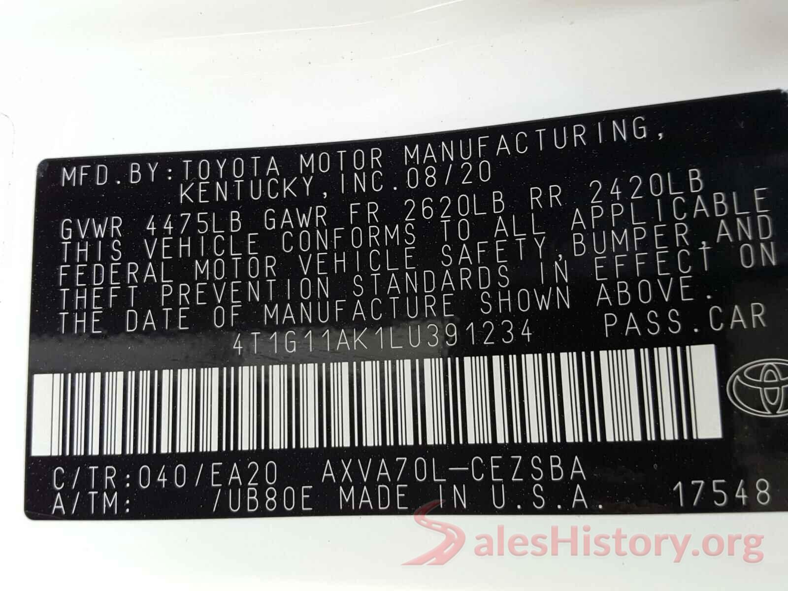 4T1G11AK1LU391234 2020 TOYOTA CAMRY