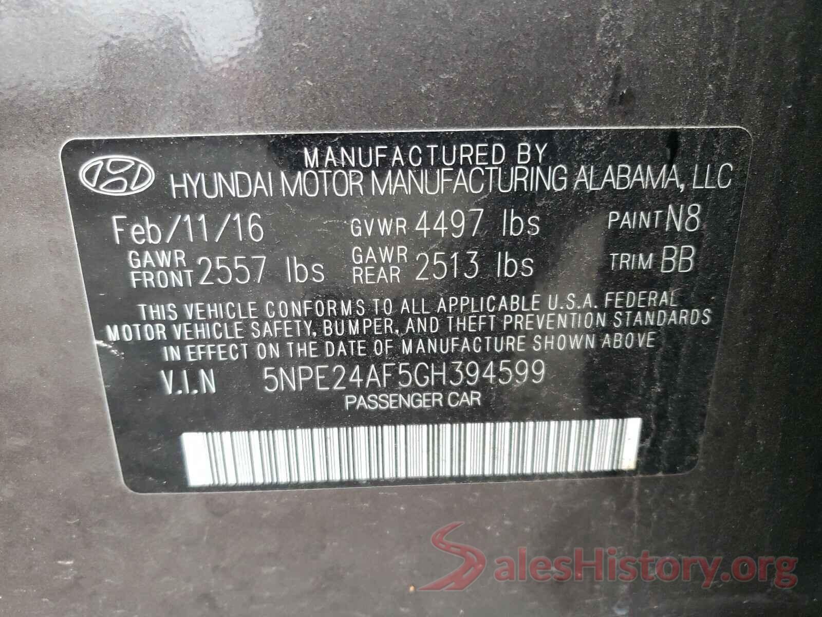 5NPE24AF5GH394599 2016 HYUNDAI SONATA