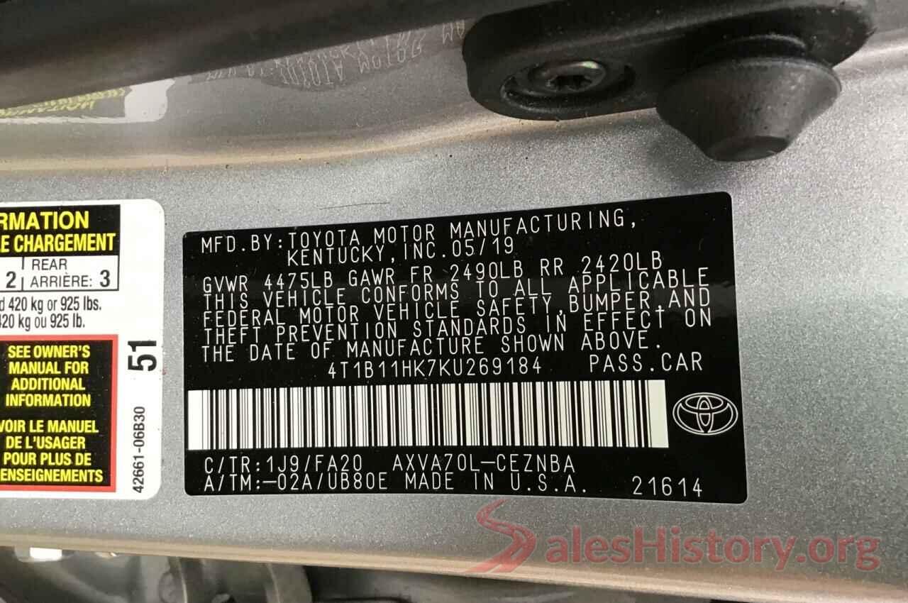 4T1B11HK7KU269184 2019 TOYOTA CAMRY