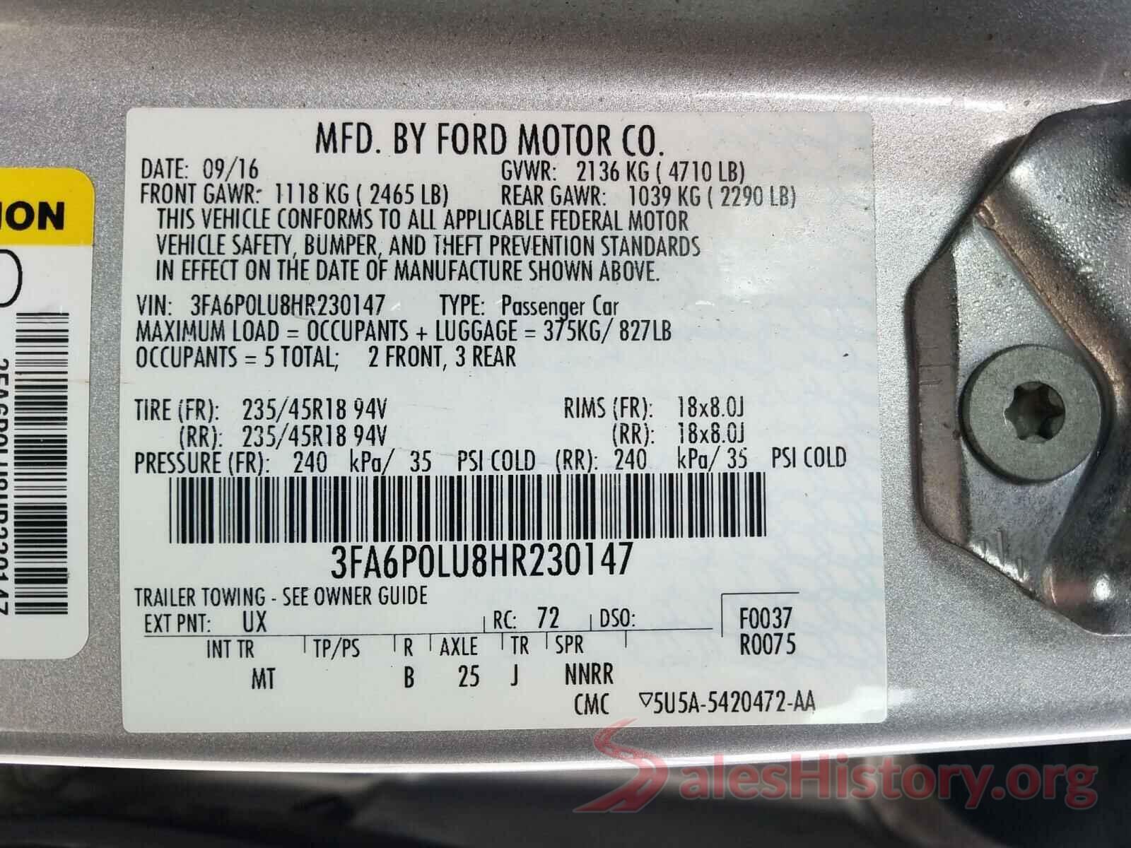 3FA6P0LU8HR230147 2017 FORD FUSION