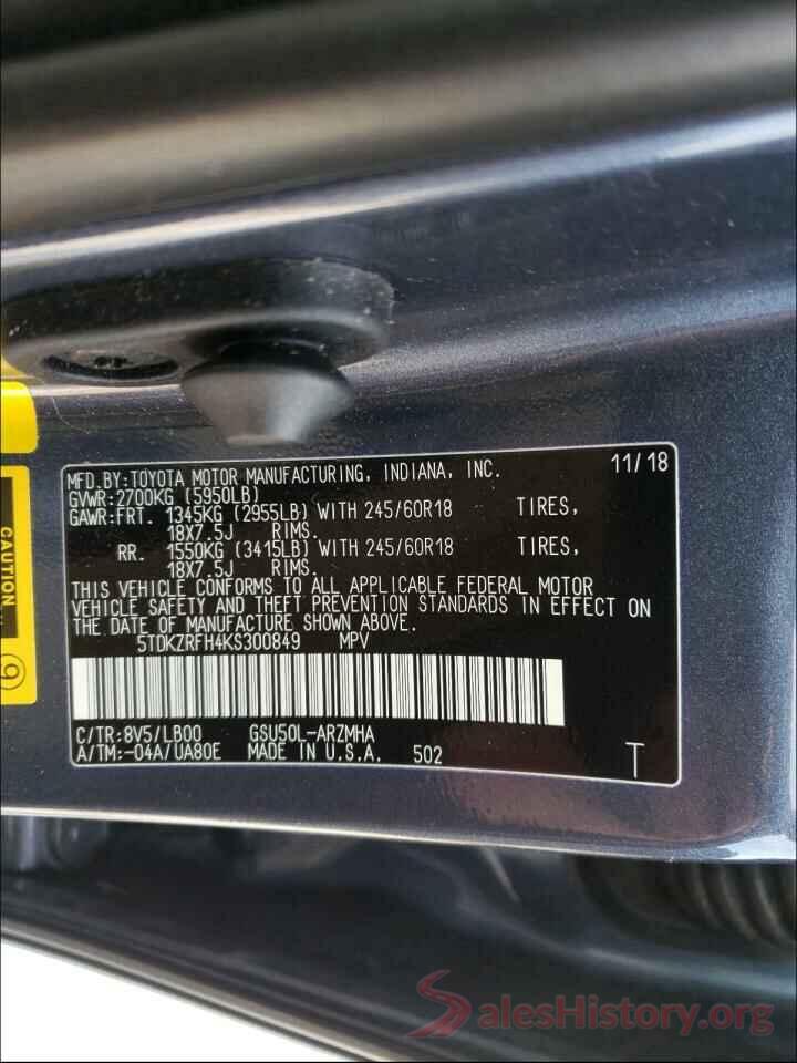 5TDKZRFH4KS300849 2019 TOYOTA HIGHLANDER