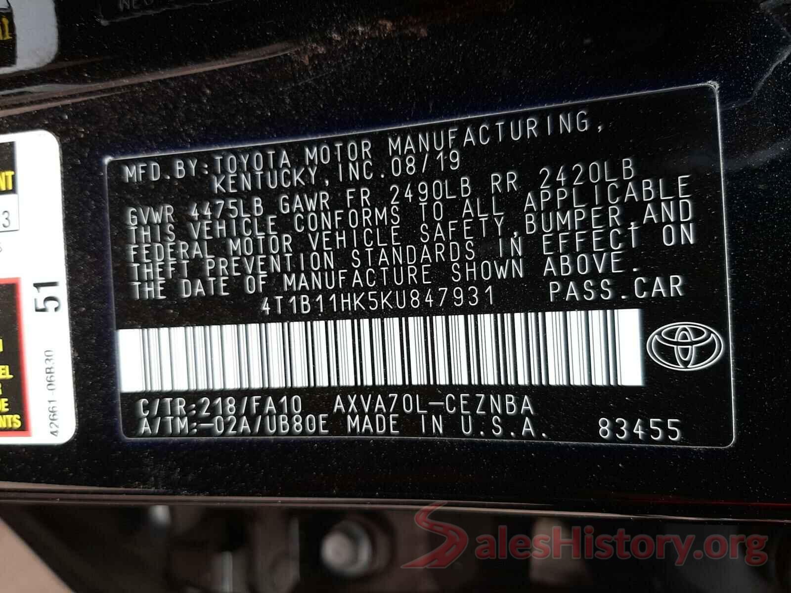 4T1B11HK5KU847931 2019 TOYOTA CAMRY