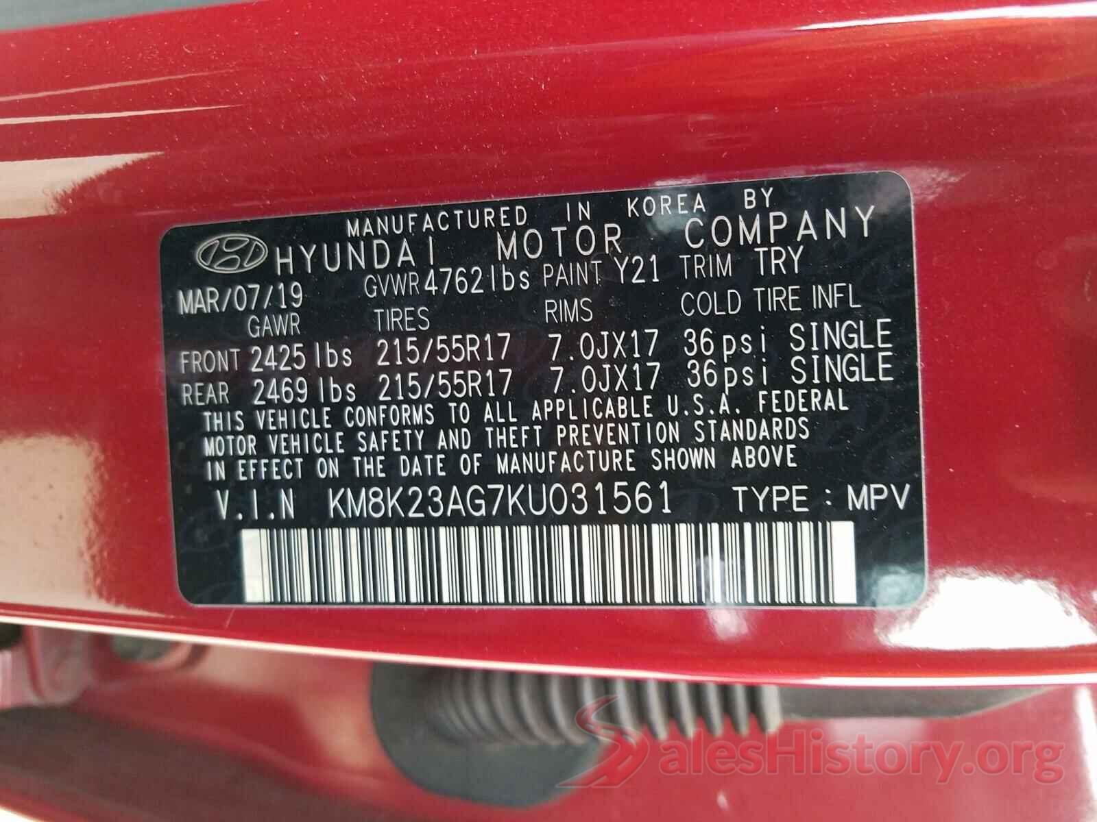 KM8K23AG7KU031561 2019 HYUNDAI KONA