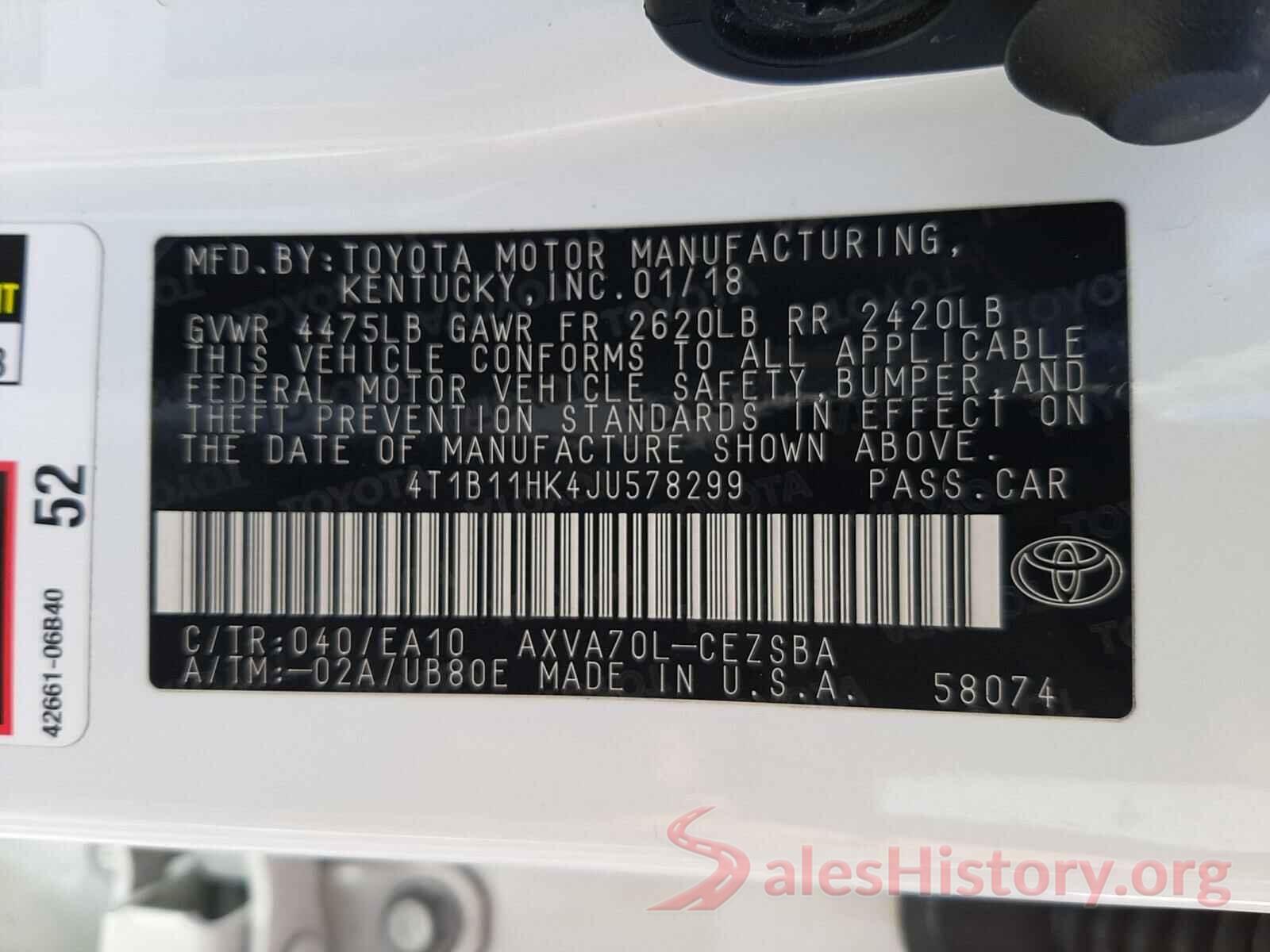 4T1B11HK4JU578299 2018 TOYOTA CAMRY