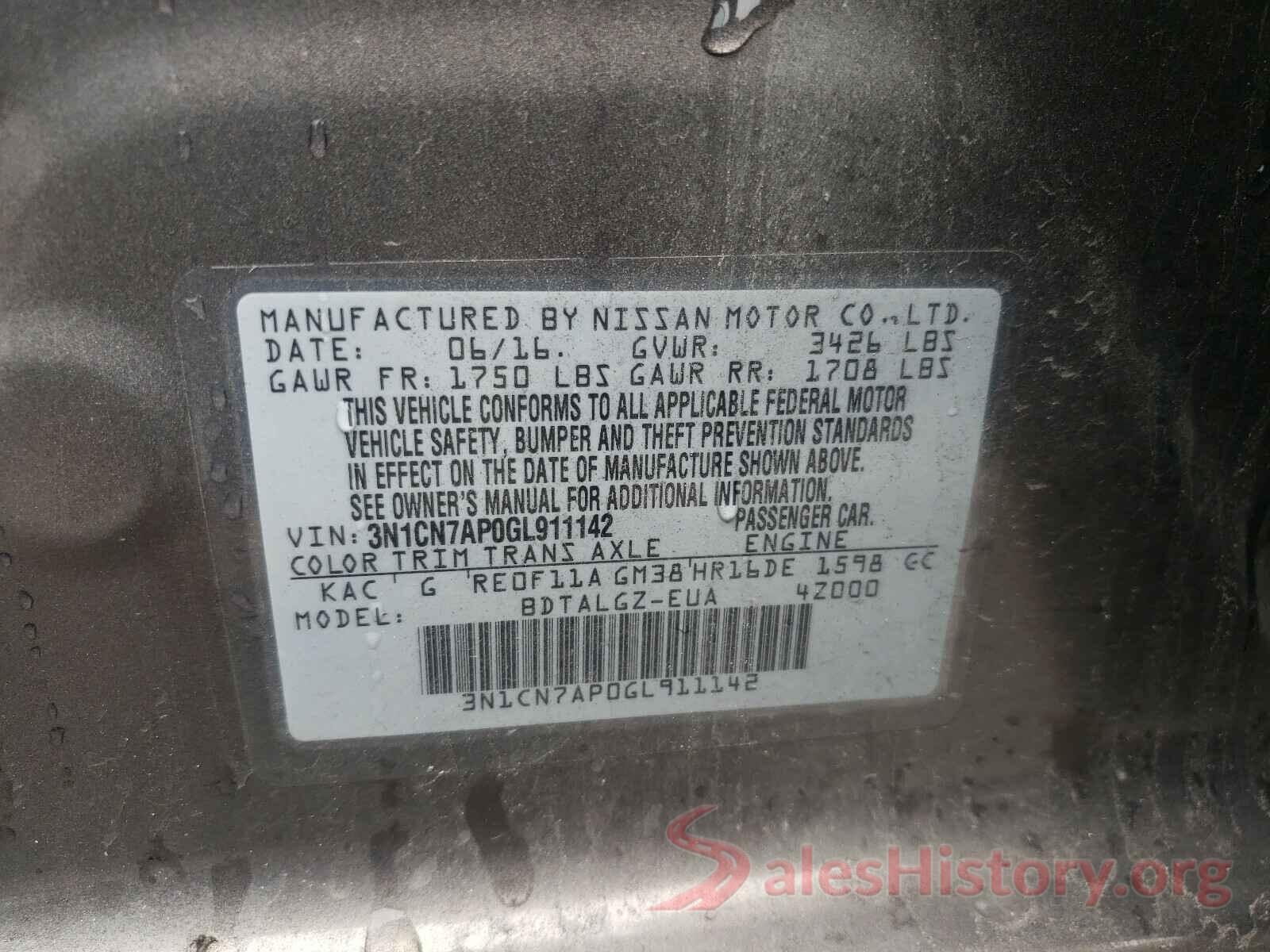 3N1CN7AP0GL911142 2016 NISSAN VERSA