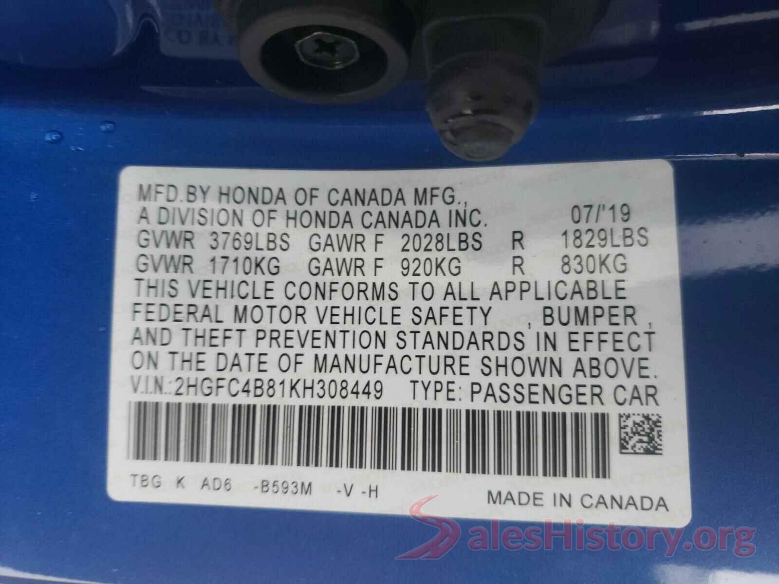 2HGFC4B81KH308449 2019 HONDA CIVIC