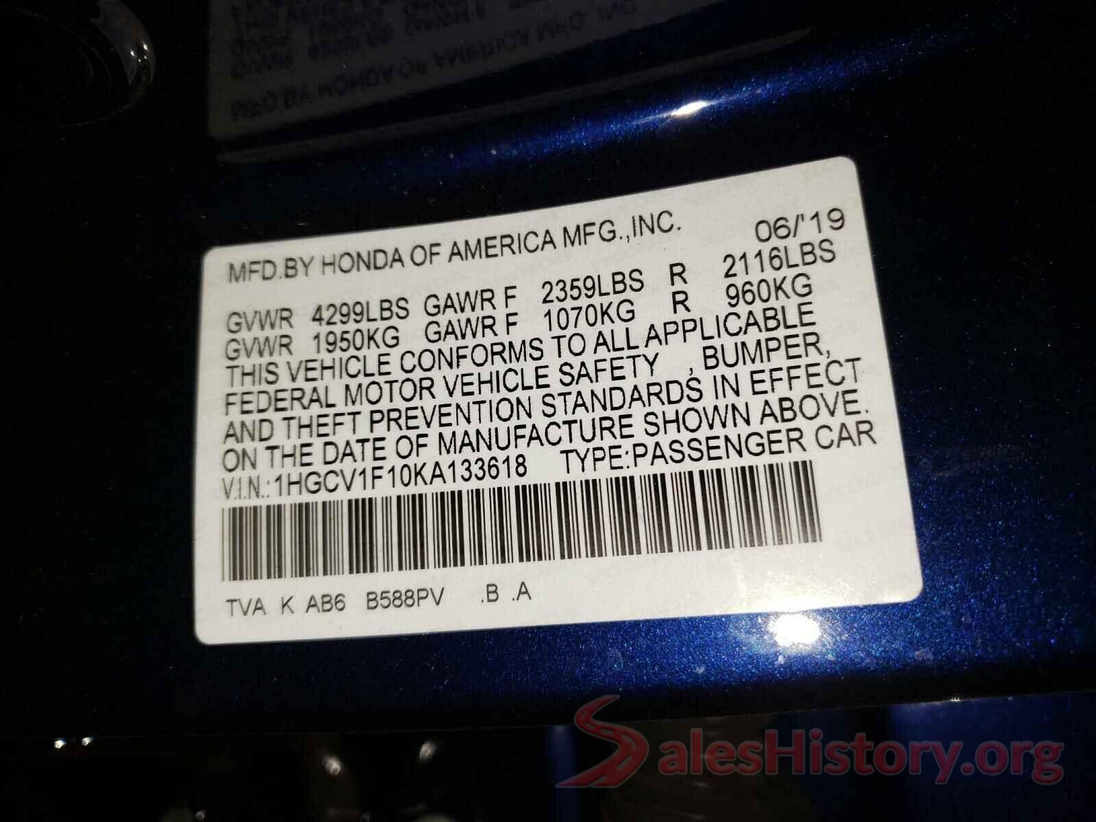 1HGCV1F10KA133618 2019 HONDA ACCORD