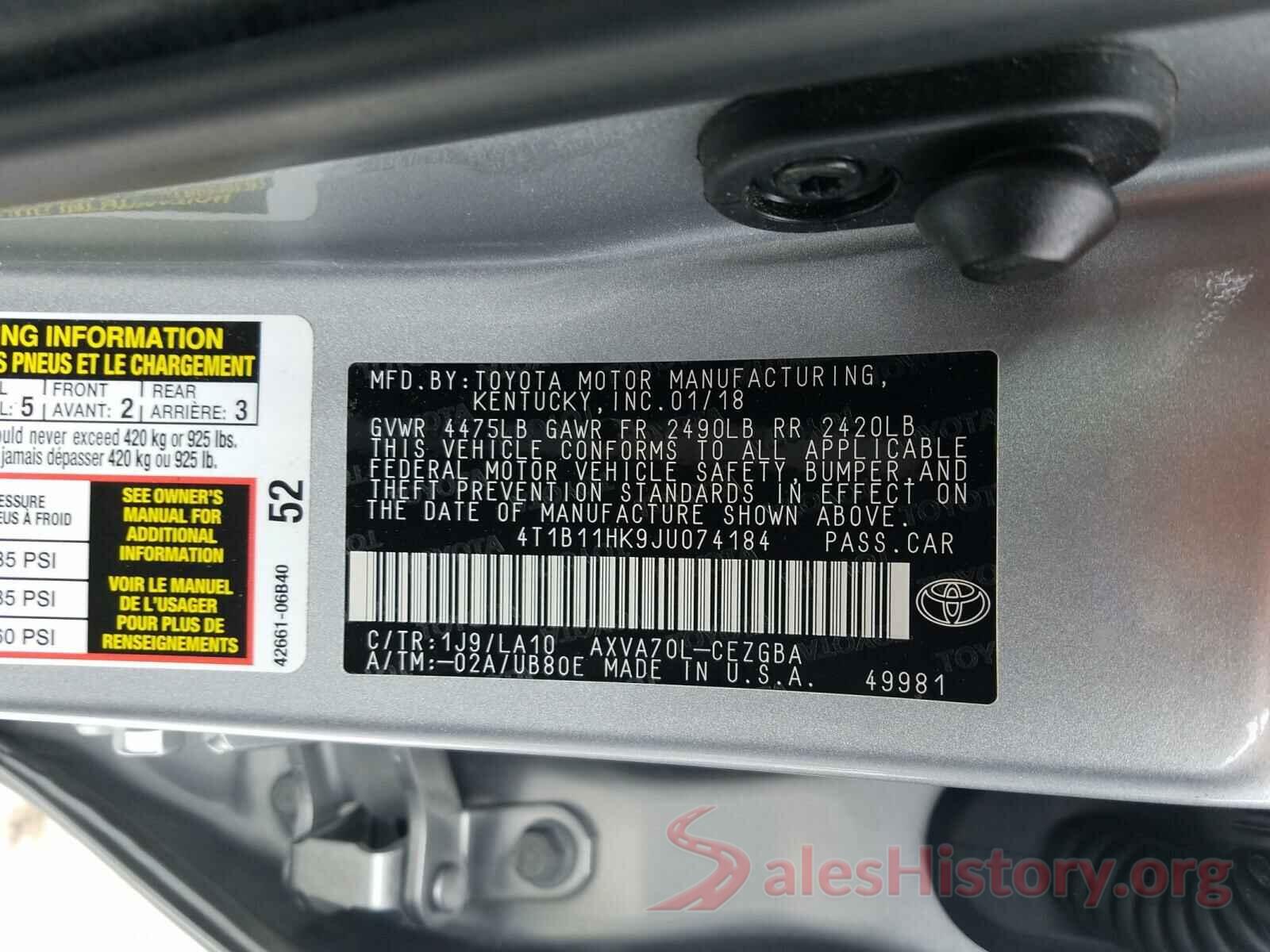 4T1B11HK9JU074184 2018 TOYOTA CAMRY