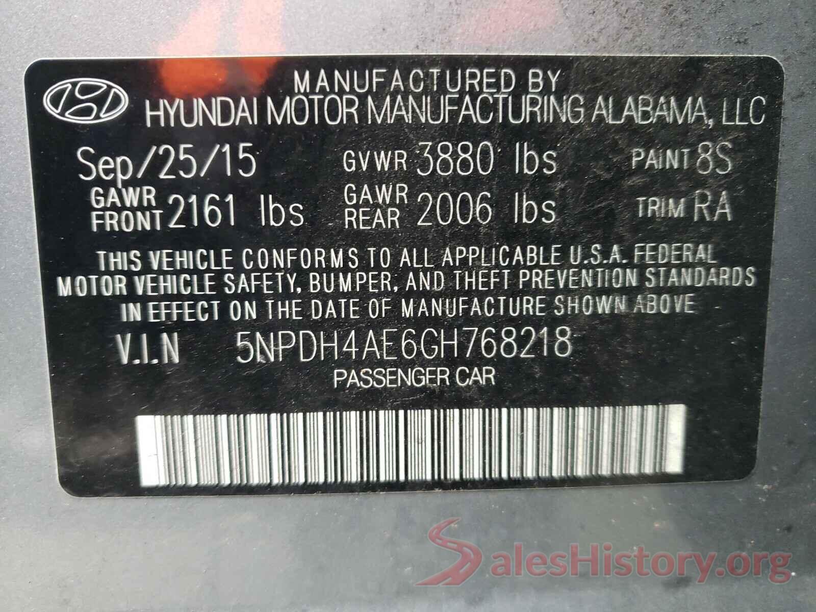 5NPDH4AE6GH768218 2016 HYUNDAI ELANTRA