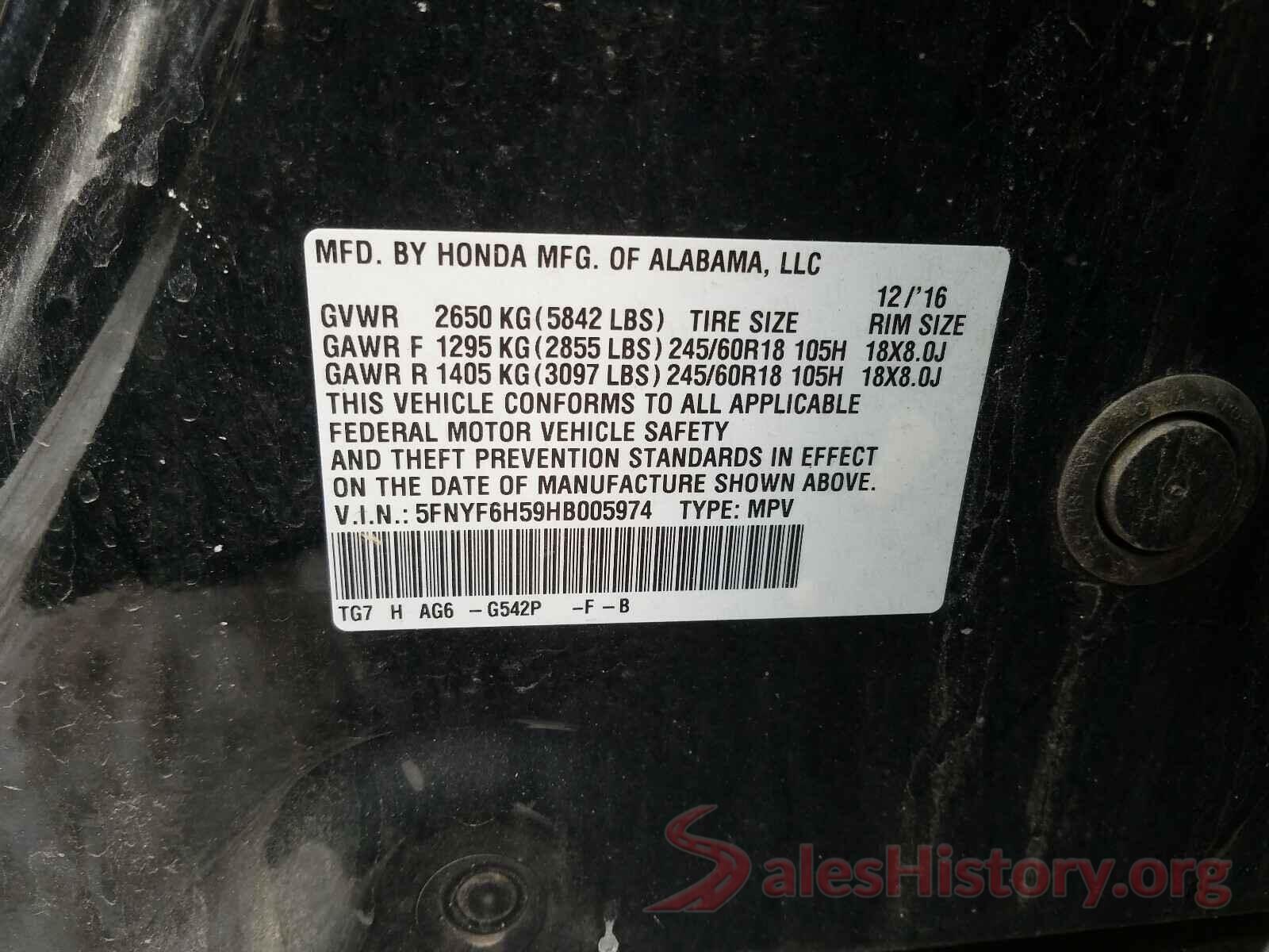 5FNYF6H59HB005974 2017 HONDA PILOT