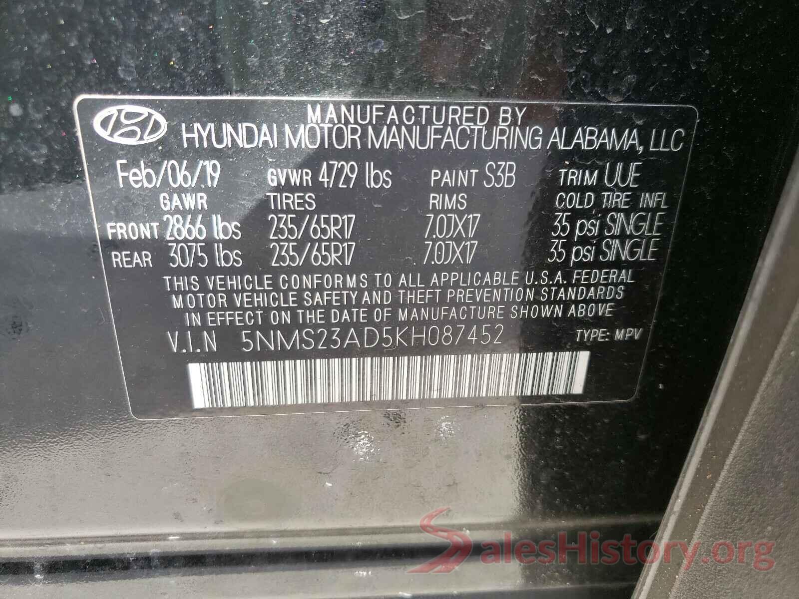 5NMS23AD5KH087452 2019 HYUNDAI SANTA FE