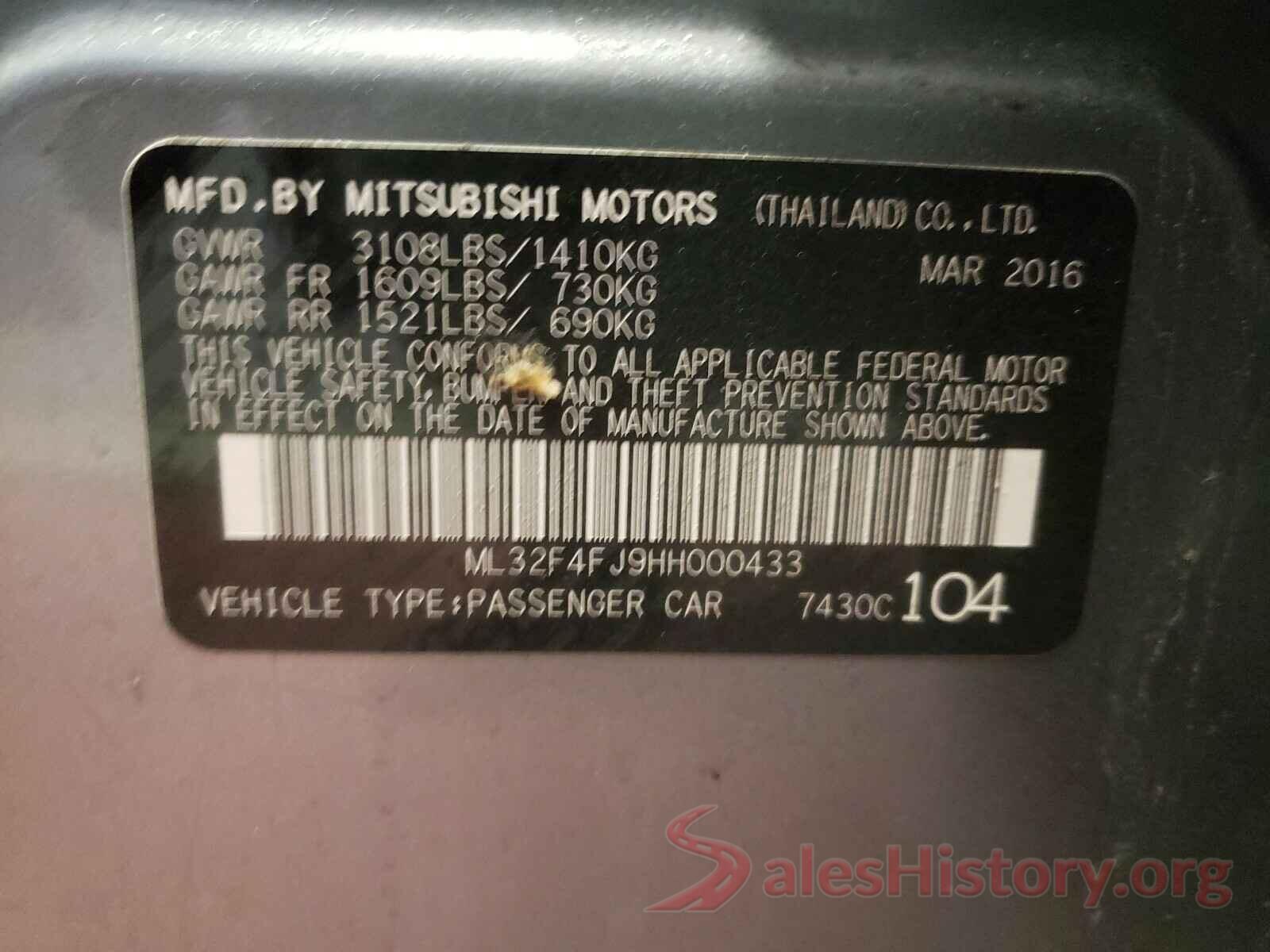 ML32F4FJ9HH000433 2017 MITSUBISHI MIRAGE