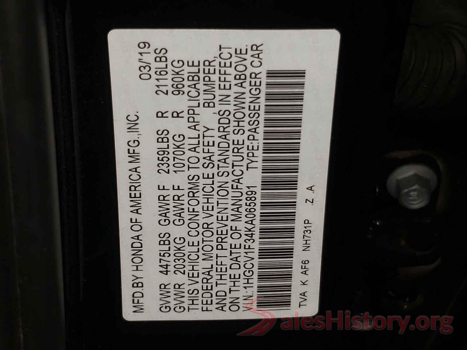 1HGCV1F34KA065891 2019 HONDA ACCORD