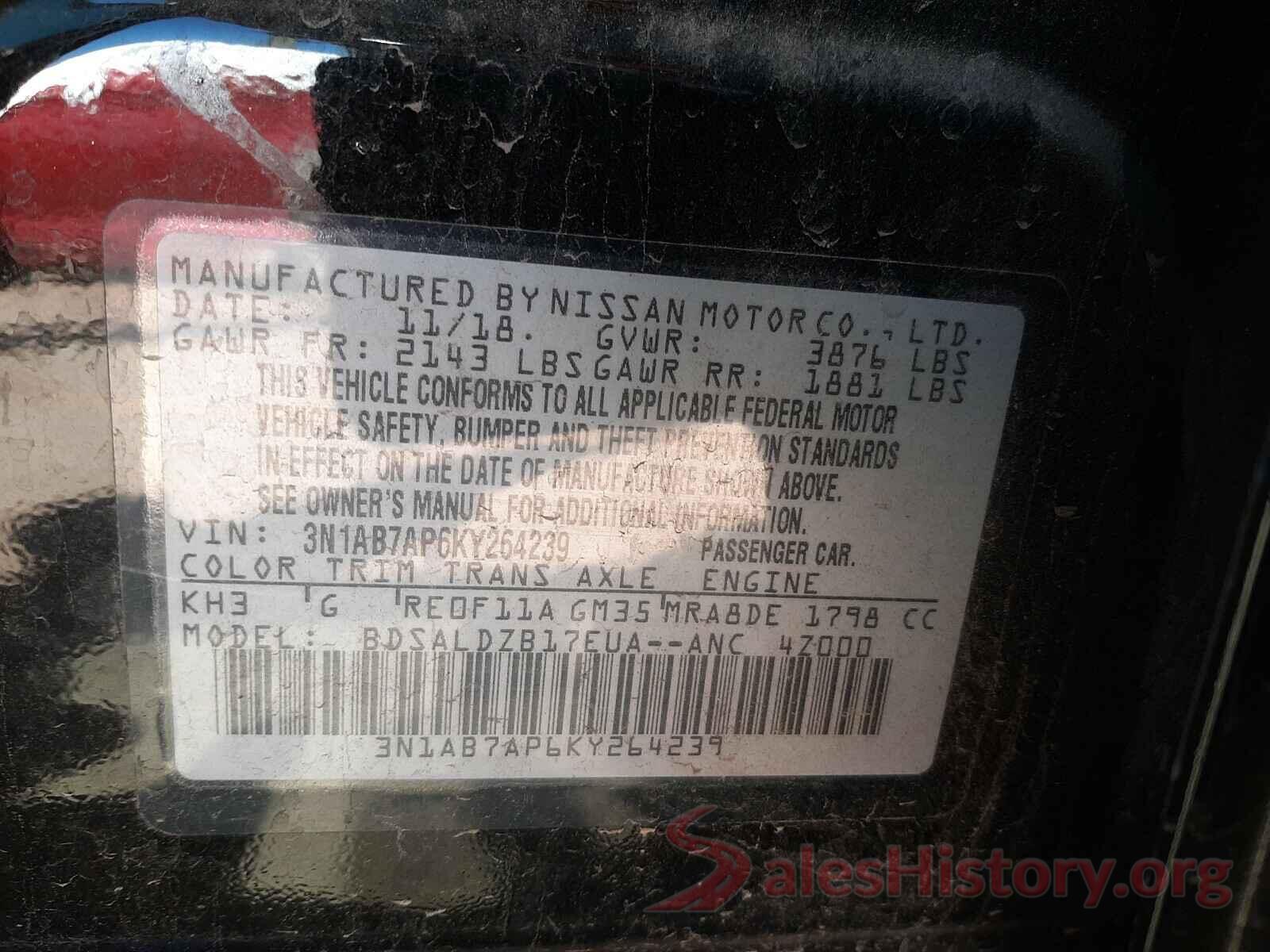 3N1AB7AP6KY264239 2019 NISSAN SENTRA