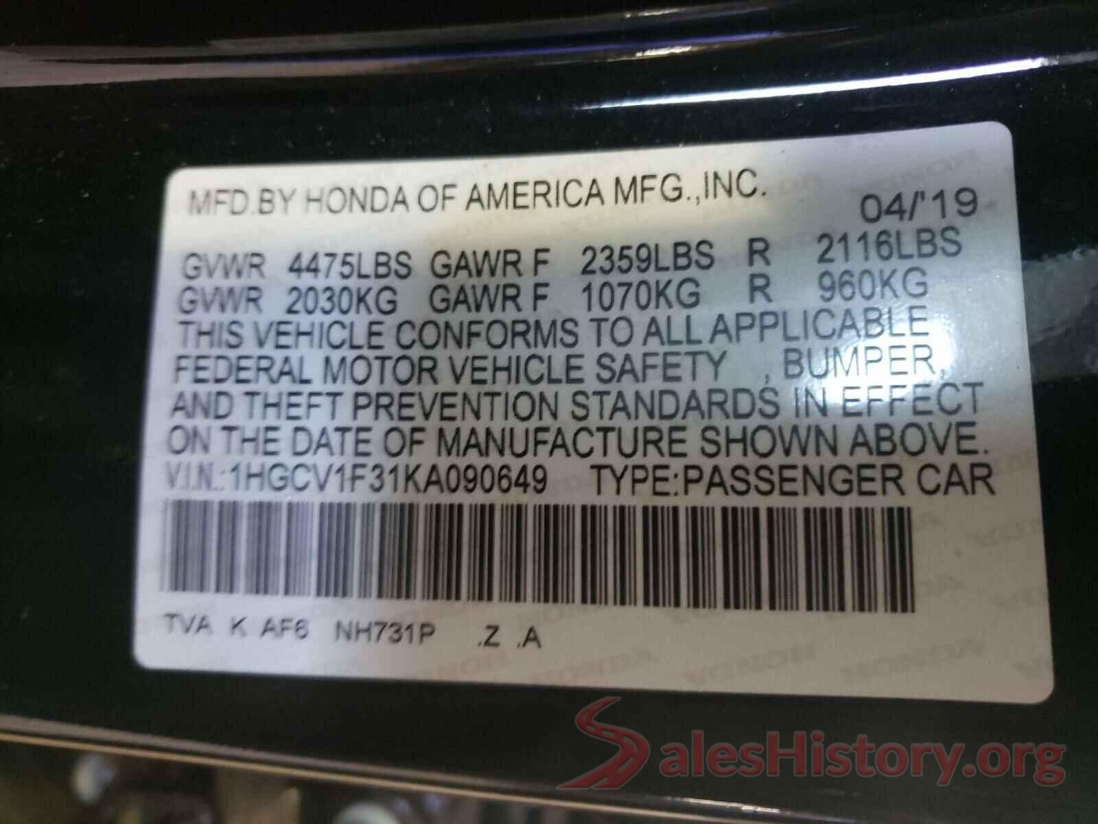 1HGCV1F31KA090649 2019 HONDA ACCORD