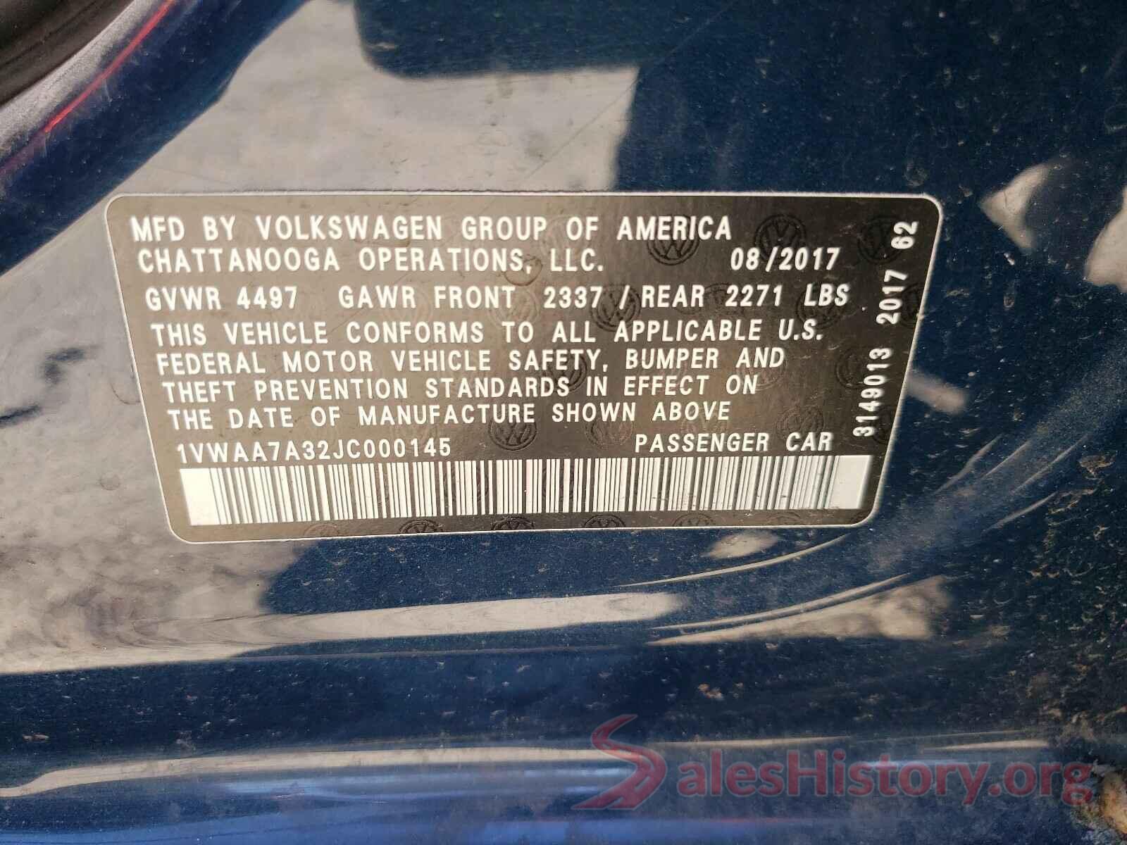 1VWAA7A32JC000145 2018 VOLKSWAGEN PASSAT