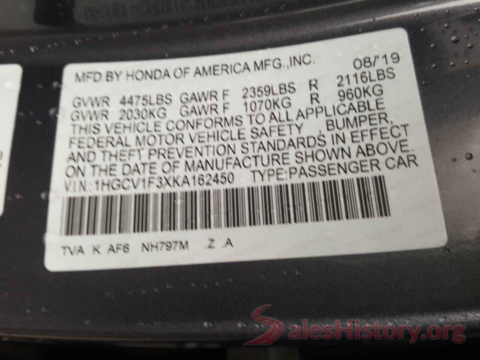 1HGCV1F3XKA162450 2019 HONDA ACCORD