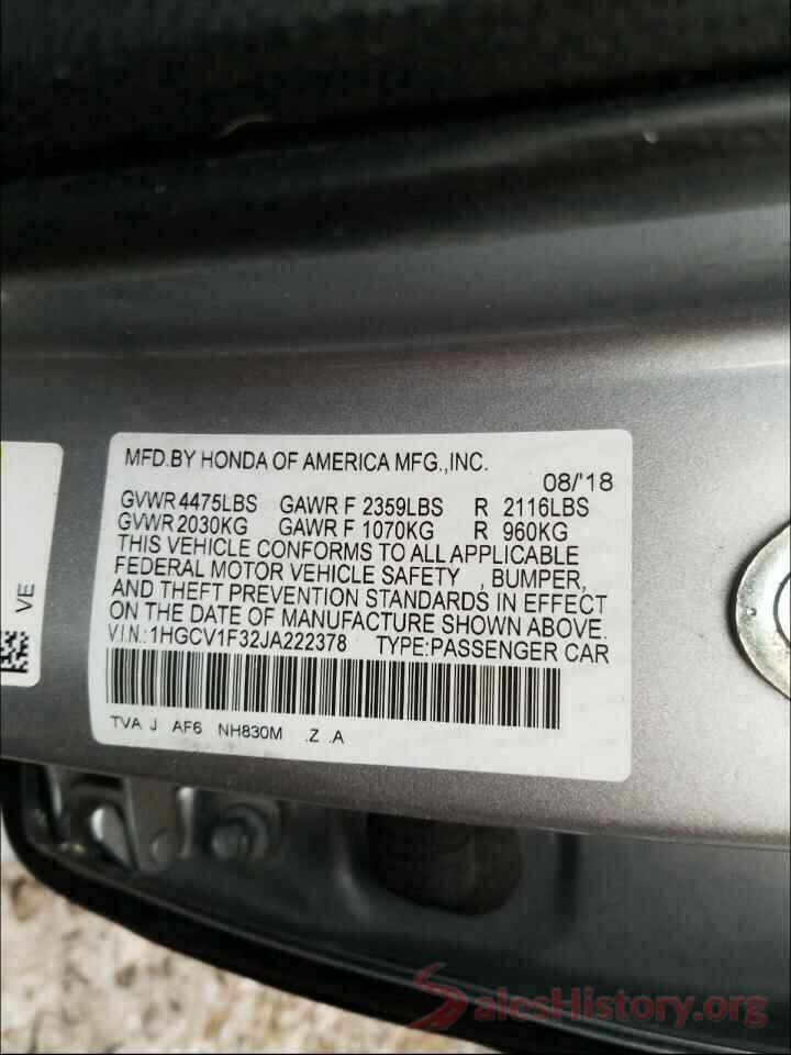 1HGCV1F32JA222378 2018 HONDA ACCORD