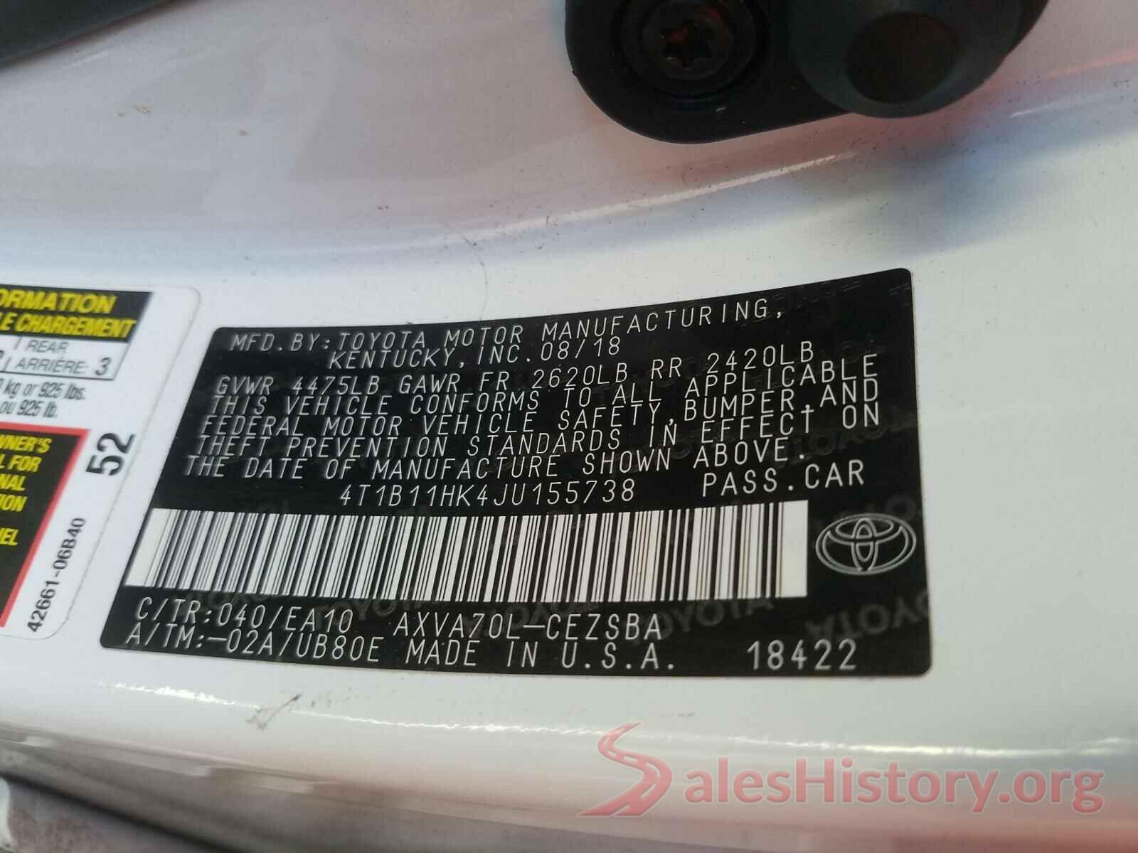 4T1B11HK4JU155738 2018 TOYOTA CAMRY