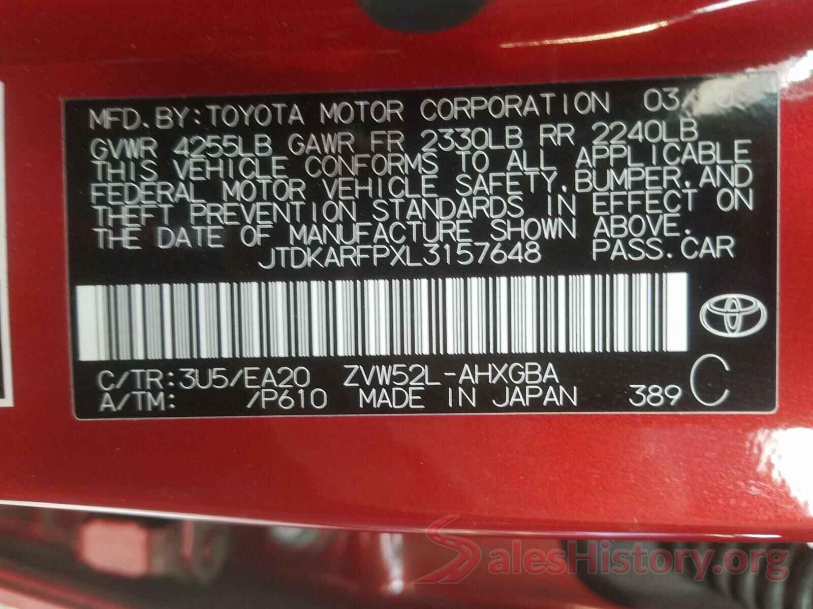 JTDKARFPXL3157648 2020 TOYOTA PRIUS