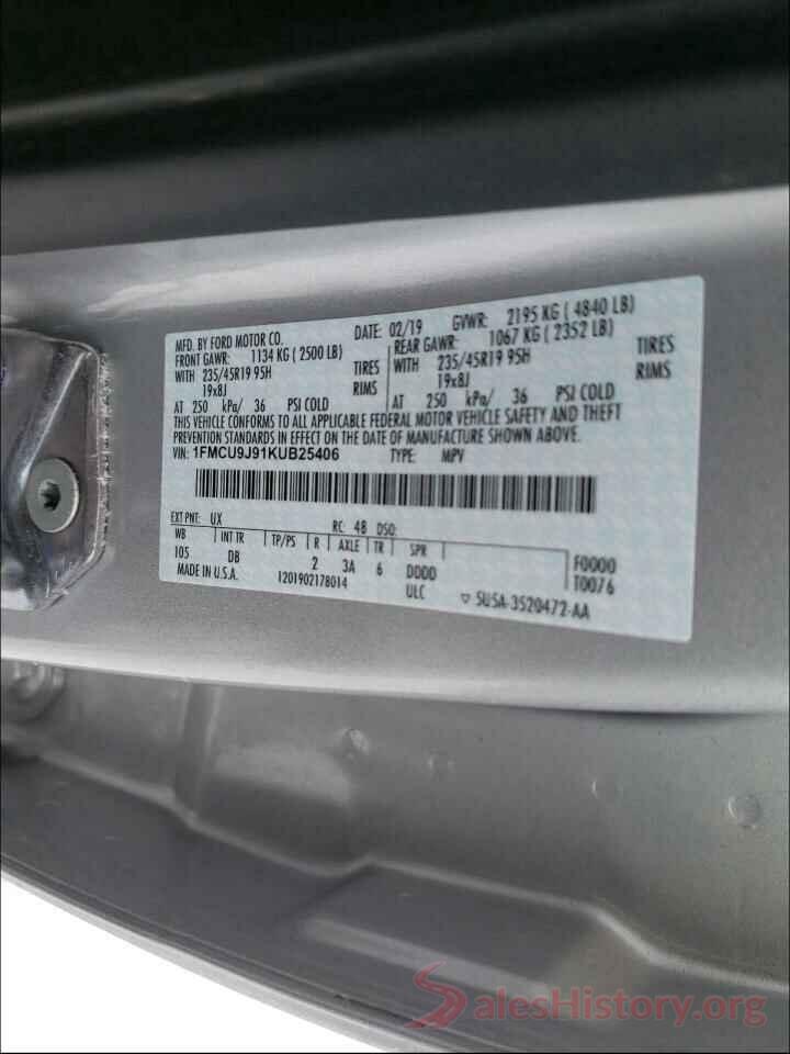 1FMCU9J91KUB25406 2019 FORD ESCAPE