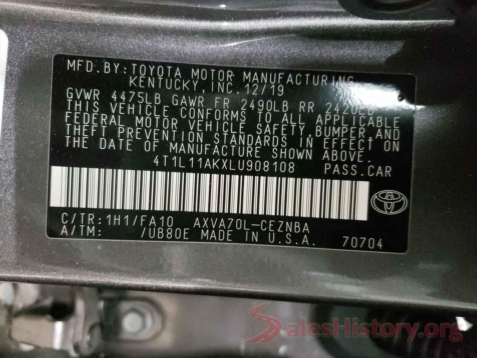 4T1L11AKXLU908108 2020 TOYOTA CAMRY