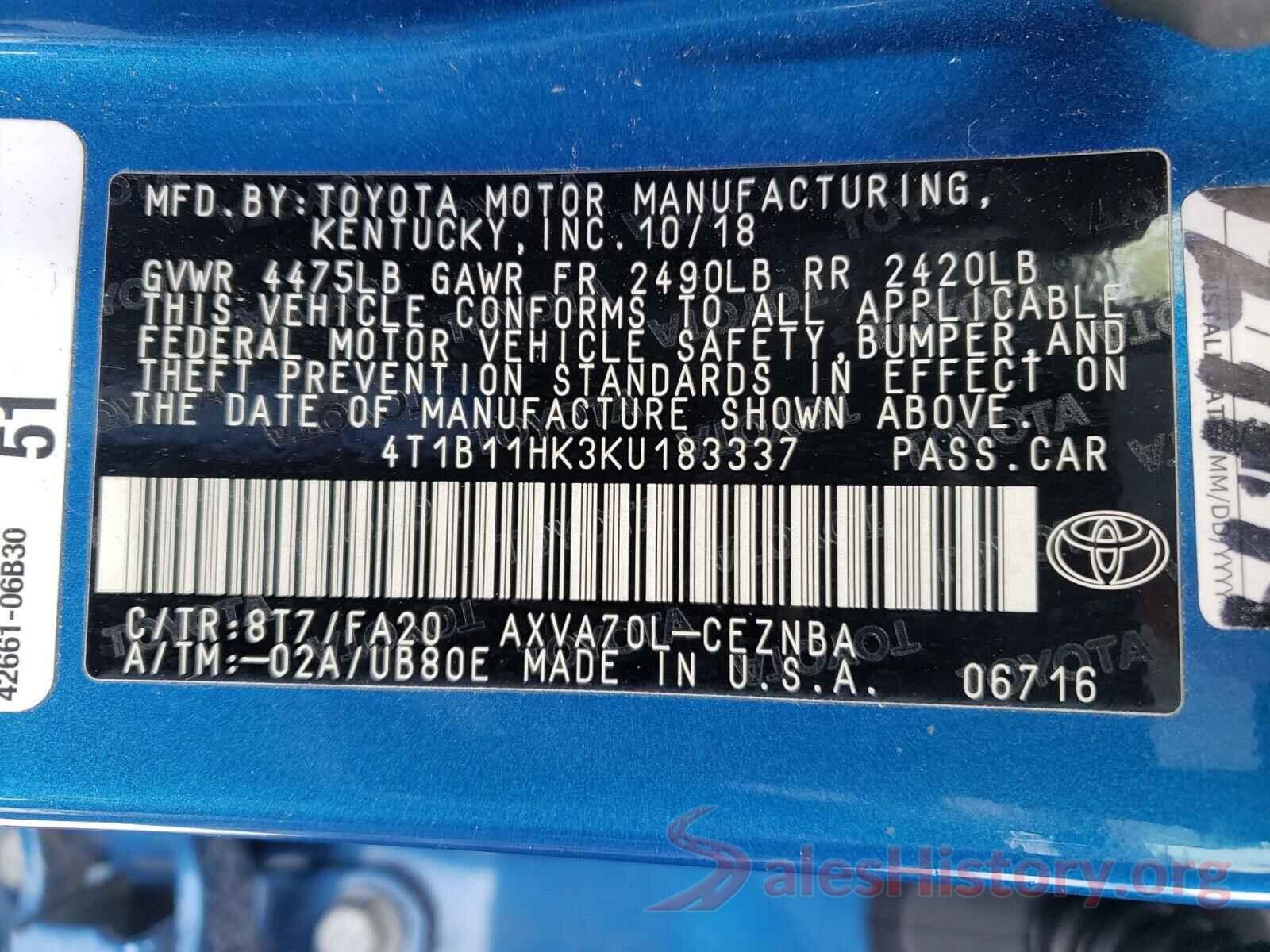 4T1B11HK3KU183337 2019 TOYOTA CAMRY