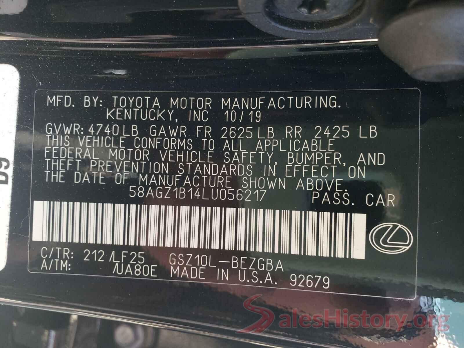 58AGZ1B14LU056217 2020 LEXUS ES350