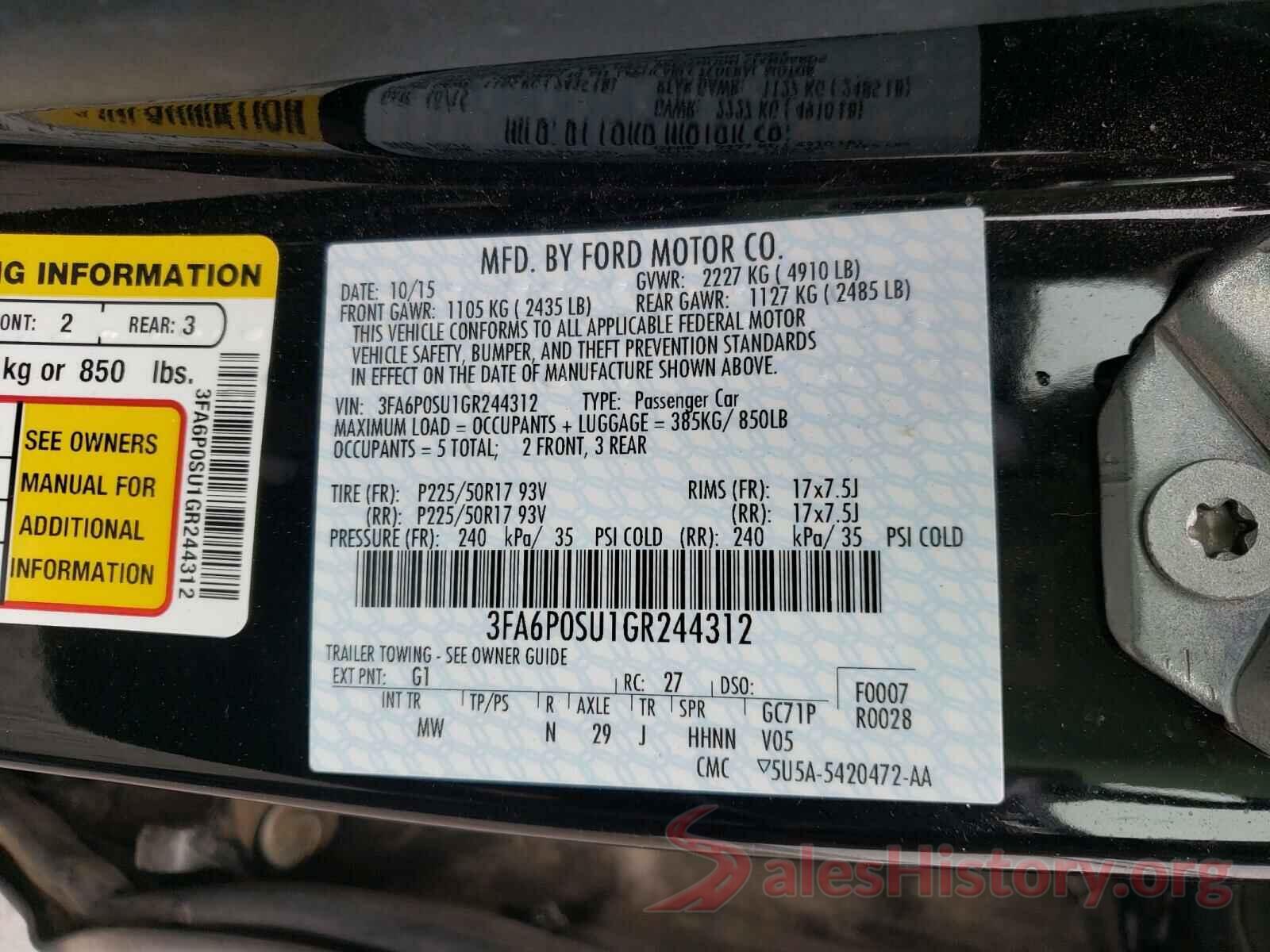 3FA6P0SU1GR244312 2016 FORD FUSION