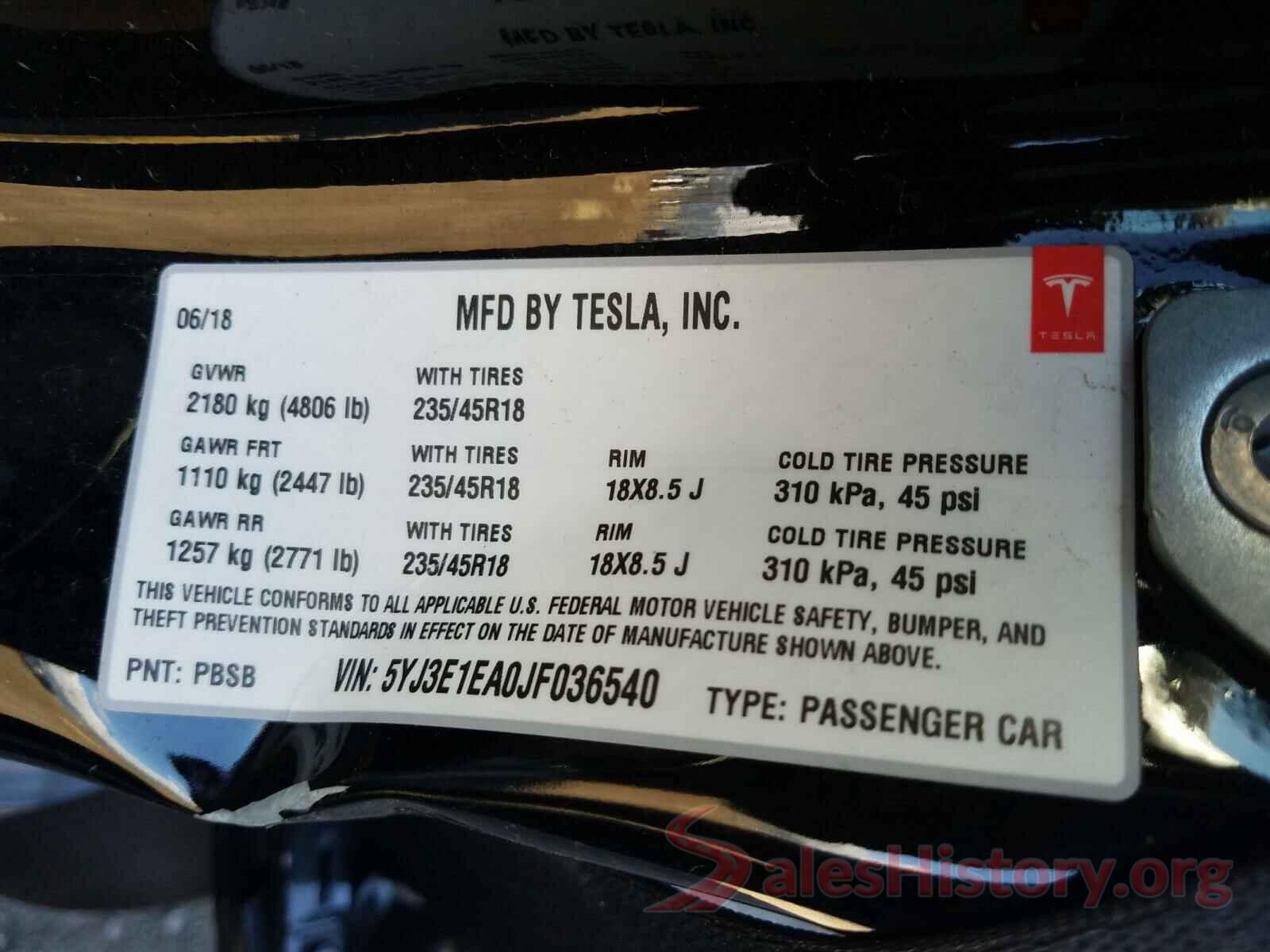 5YJ3E1EA0JF036540 2018 TESLA MODEL 3