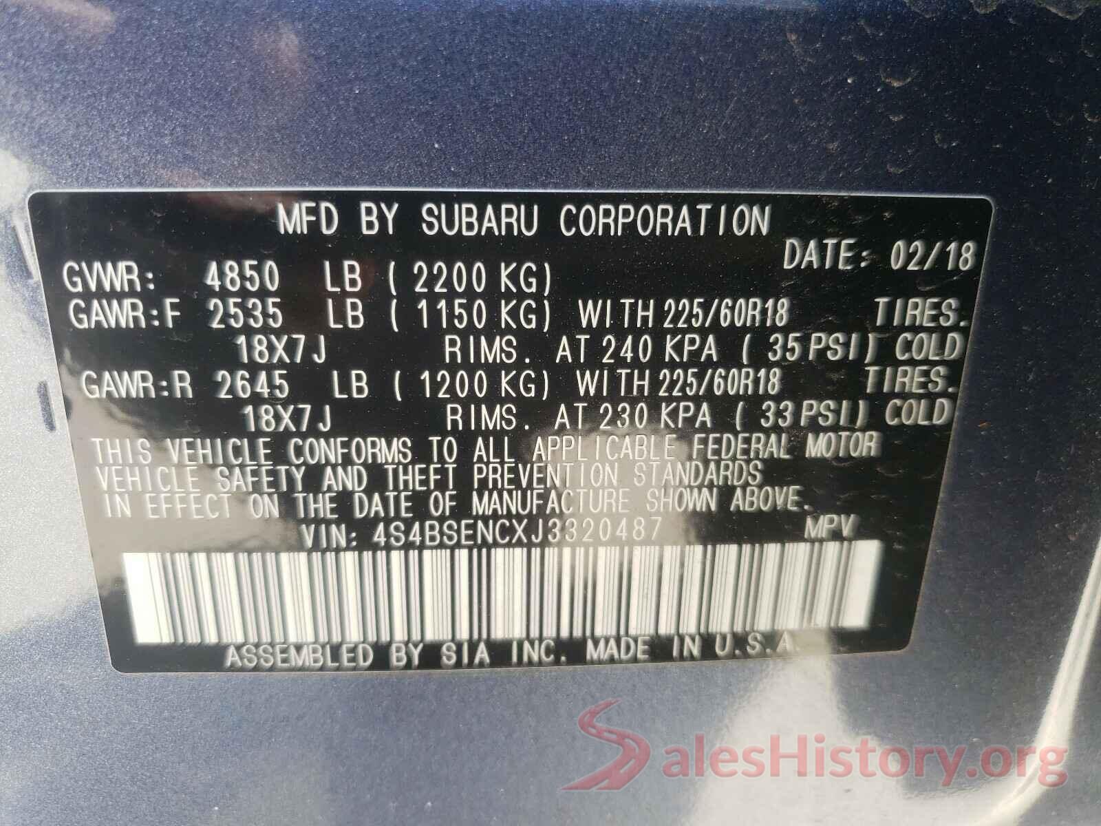 4S4BSENCXJ3320487 2018 SUBARU LEGACY