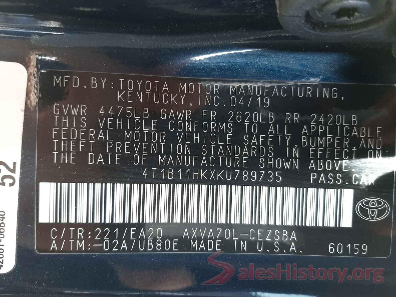 4T1B11HKXKU789735 2019 TOYOTA CAMRY