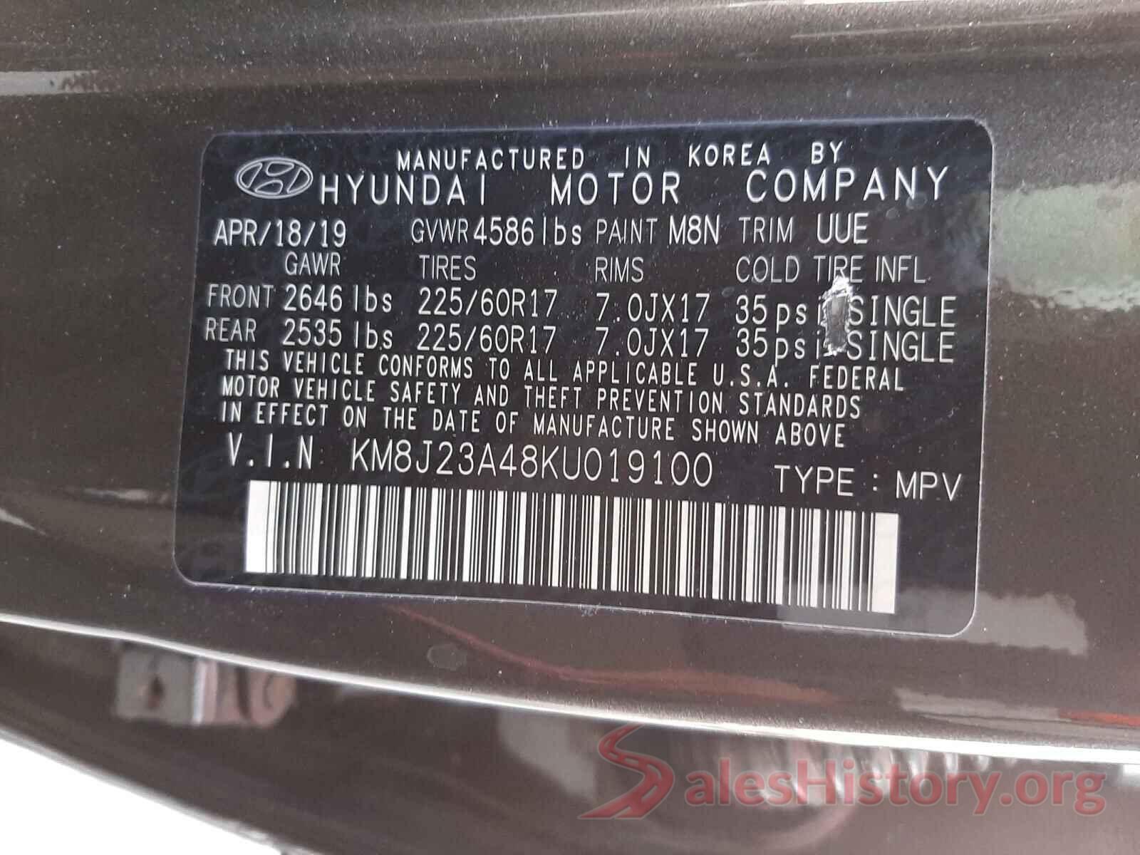 KM8J23A48KU019100 2019 HYUNDAI TUCSON