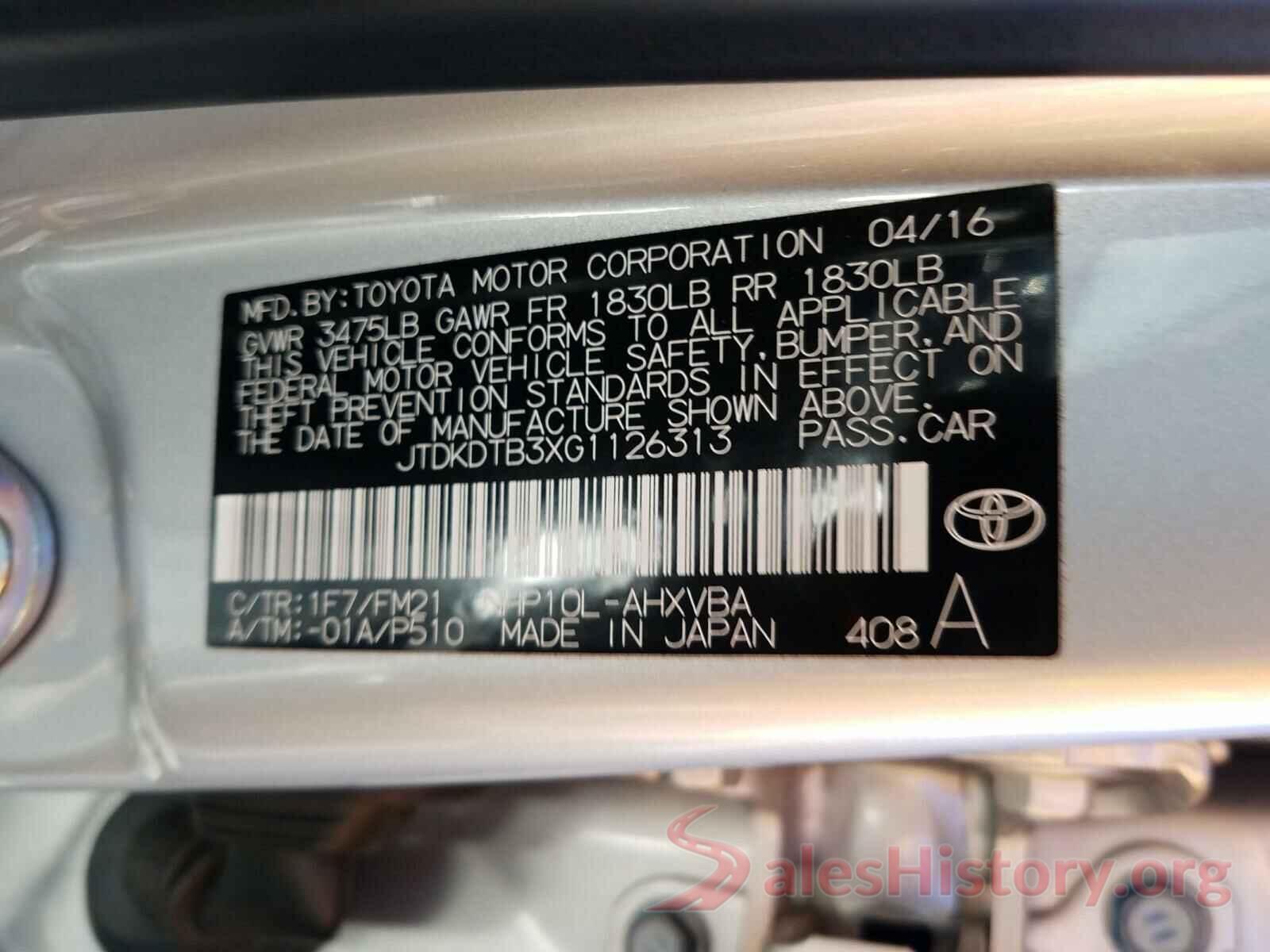 JTDKDTB3XG1126313 2016 TOYOTA PRIUS