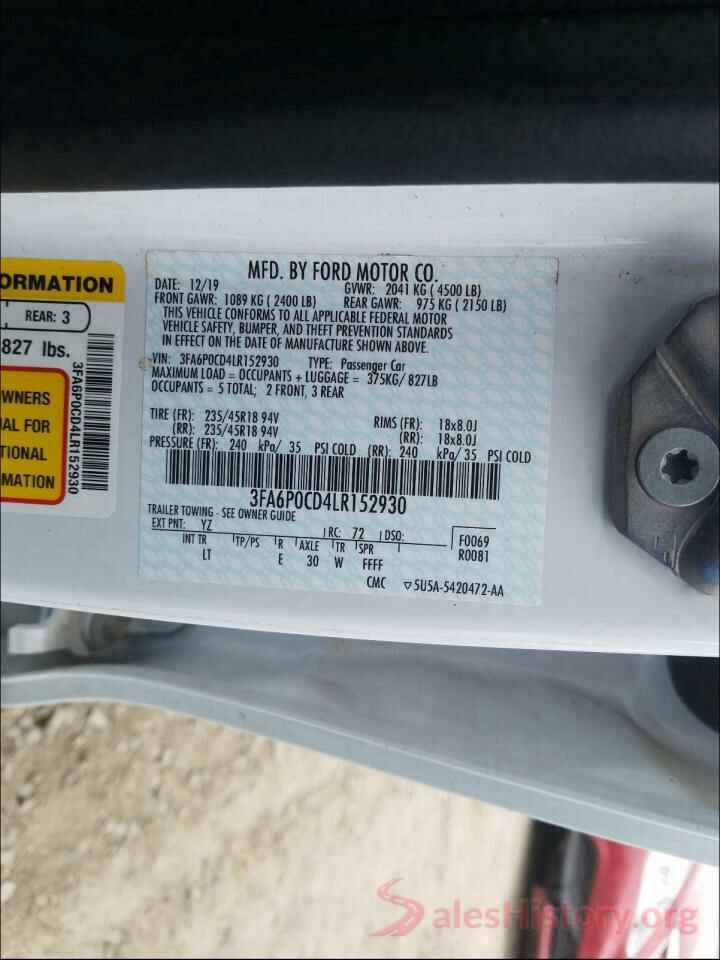 3FA6P0CD4LR152930 2020 FORD FUSION