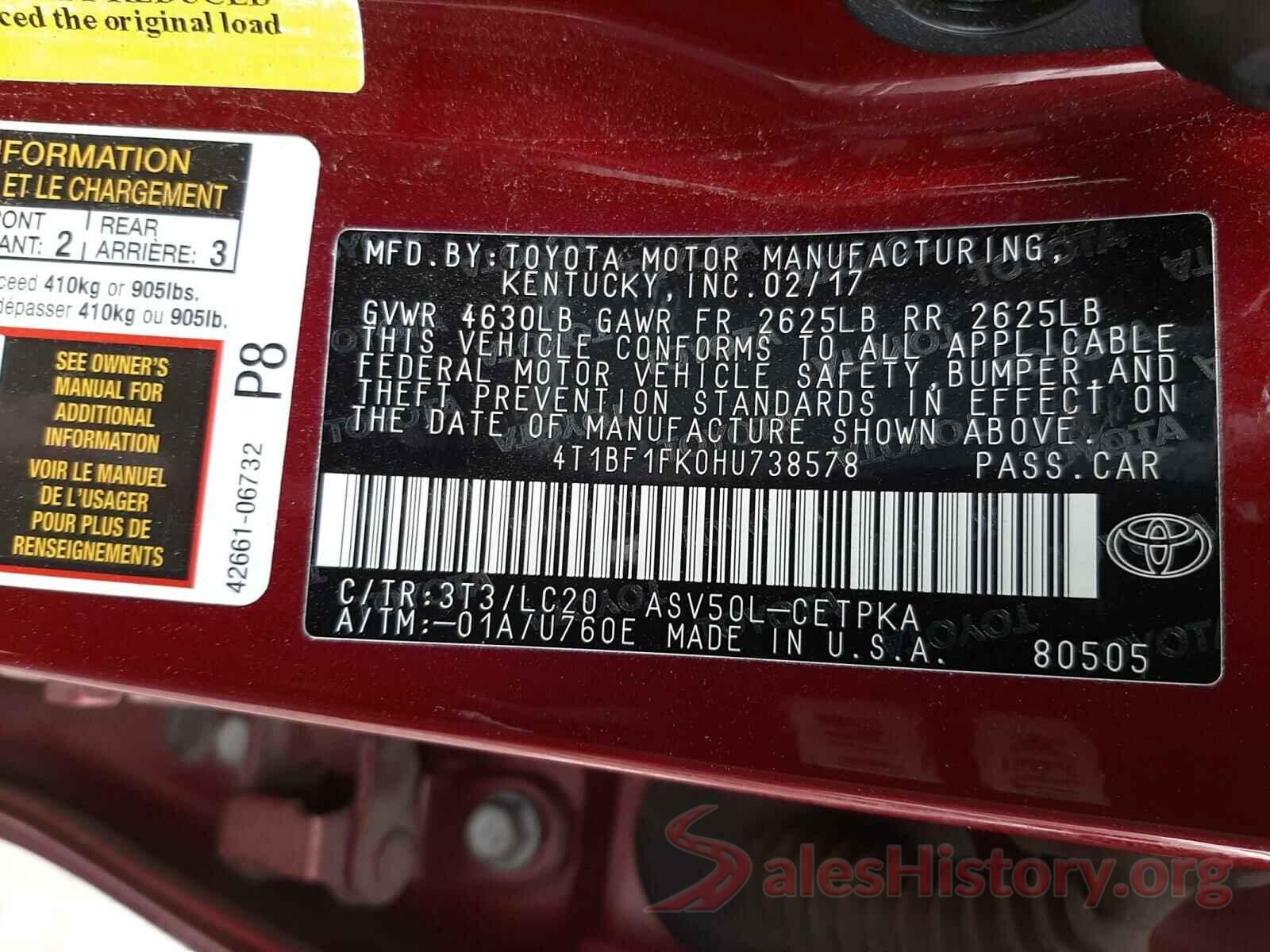 4T1BF1FK0HU738578 2017 TOYOTA CAMRY