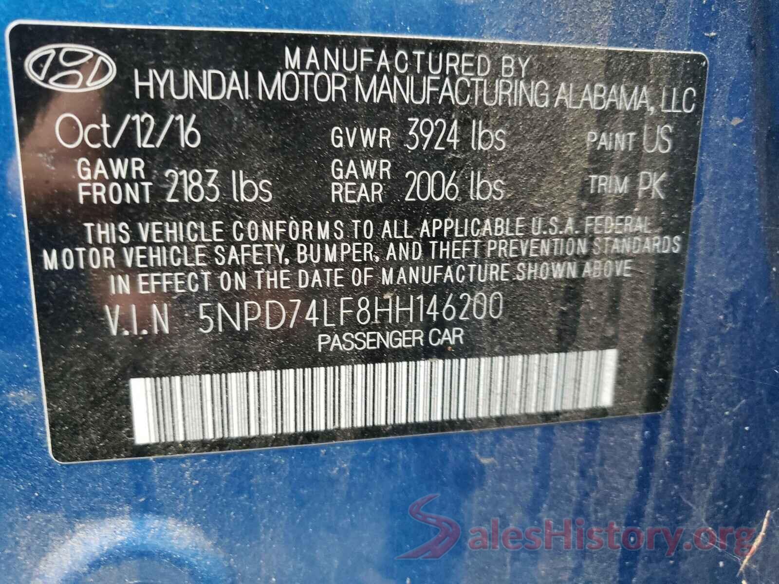 5NPD74LF8HH146200 2017 HYUNDAI ELANTRA