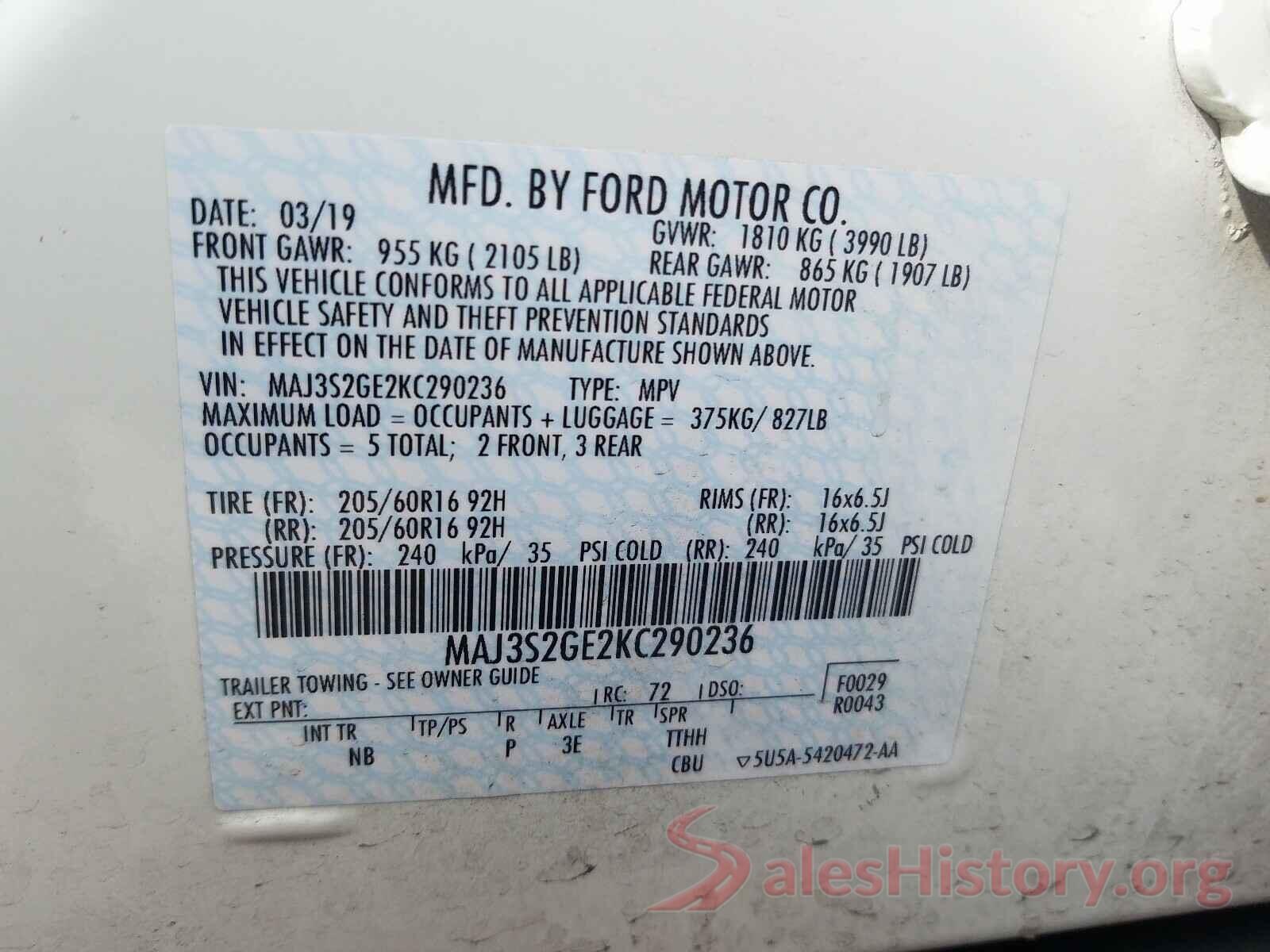 MAJ3S2GE2KC290236 2019 FORD ALL OTHER