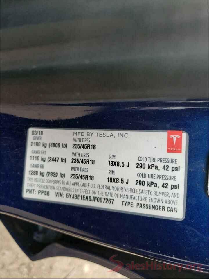 5YJ3E1EA6JF007267 2018 TESLA MODEL 3