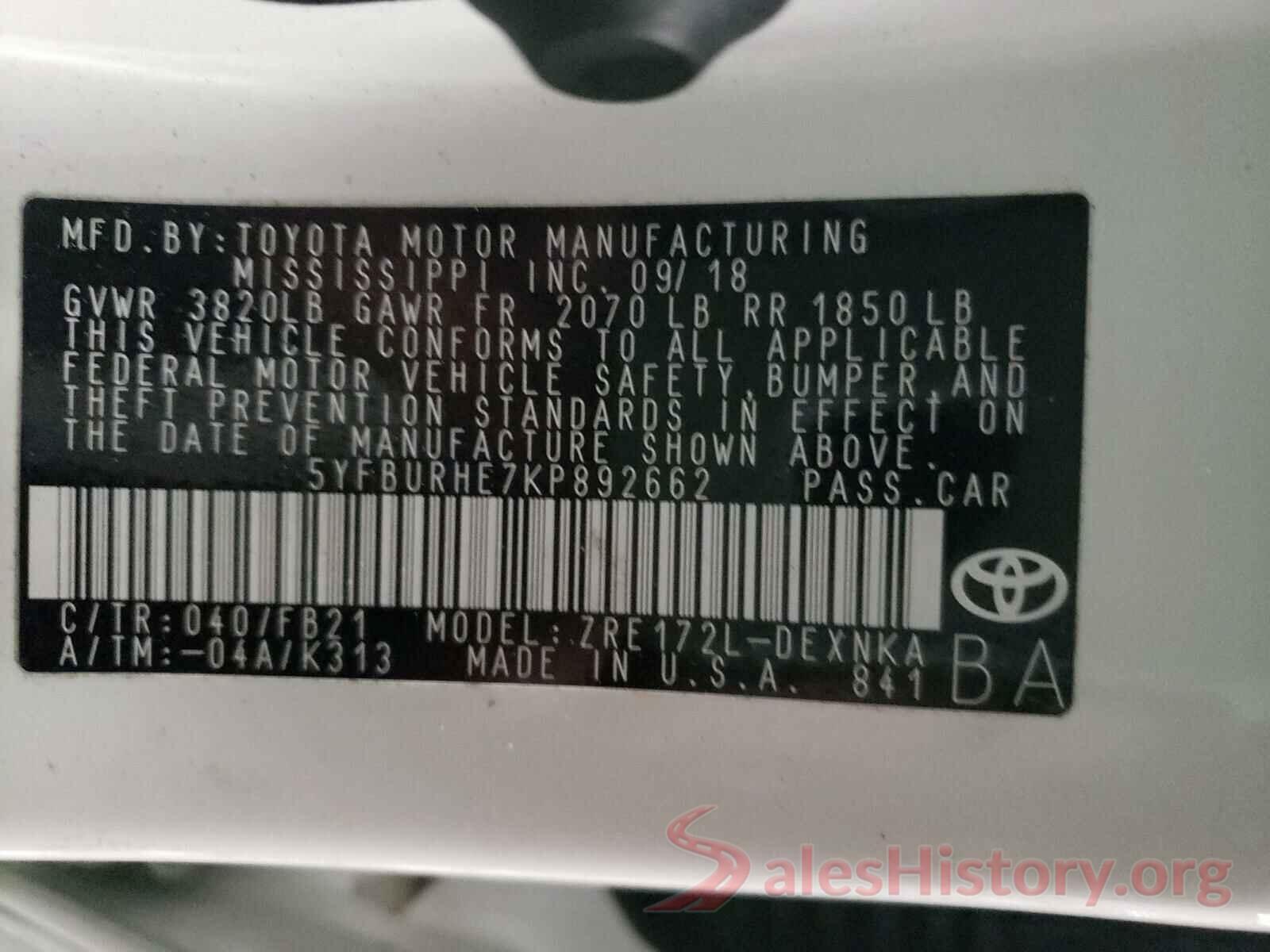 5YFBURHE7KP892662 2019 TOYOTA COROLLA