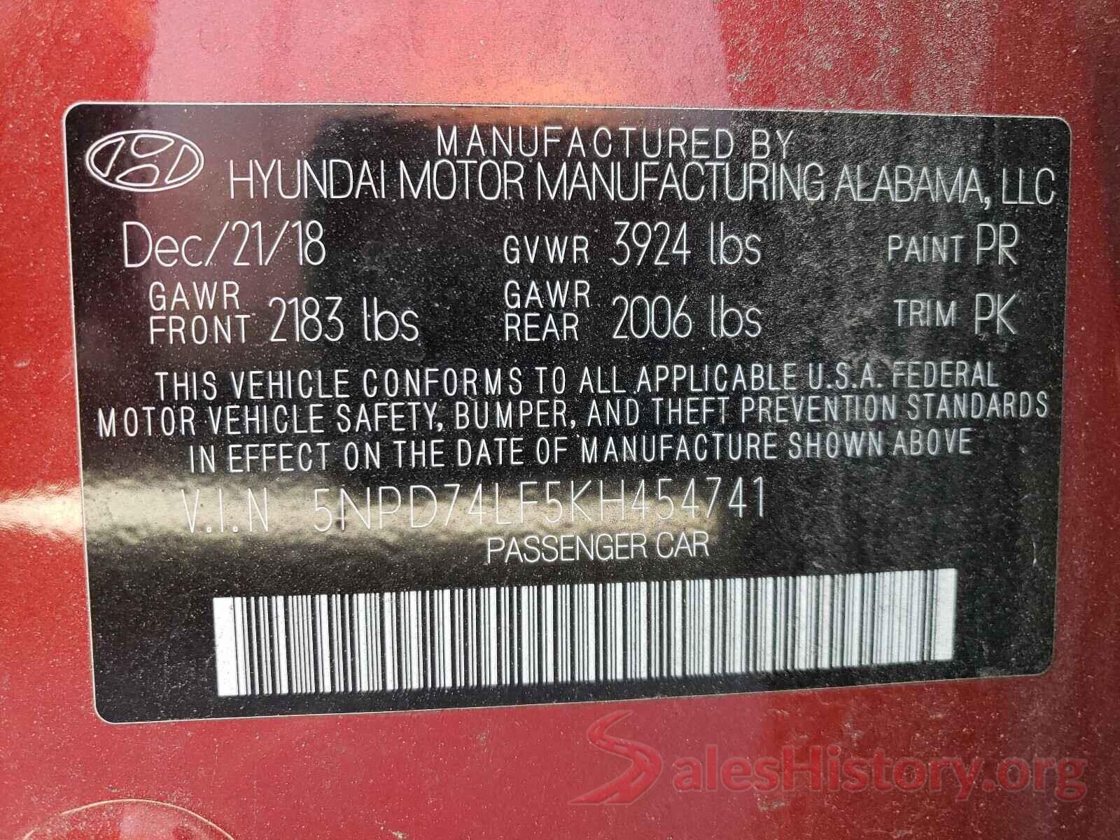 5NPD74LF5KH454741 2019 HYUNDAI ELANTRA