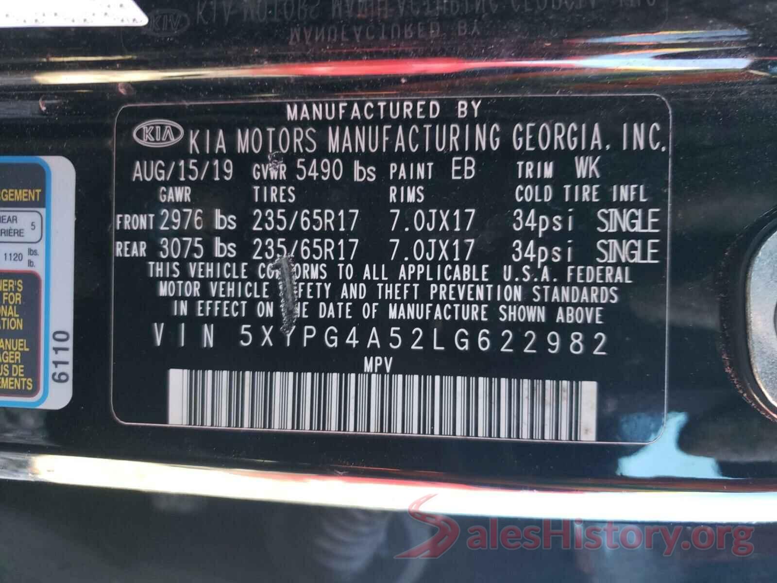 5XYPG4A52LG622982 2020 KIA SORENTO