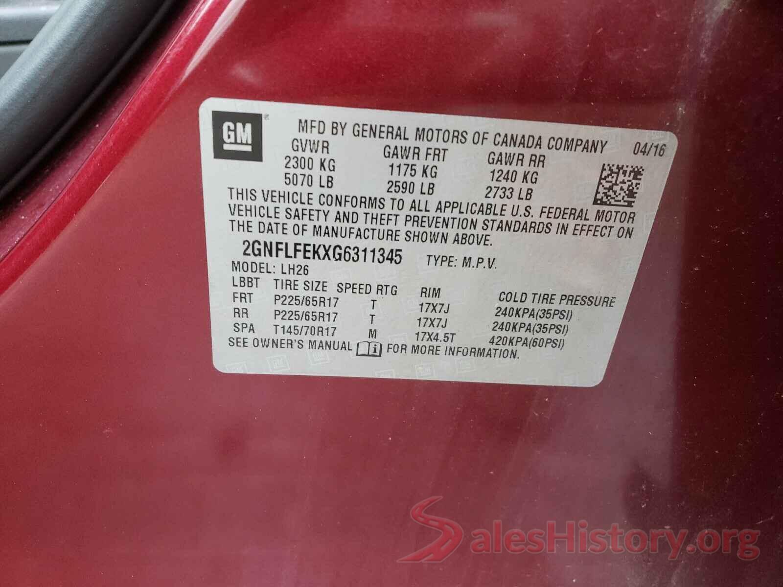 2GNFLFEKXG6311345 2016 CHEVROLET EQUINOX