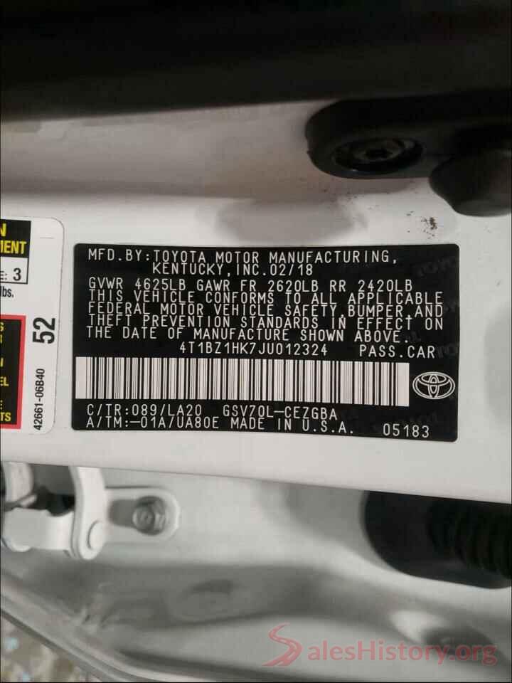 4T1BZ1HK7JU012324 2018 TOYOTA CAMRY