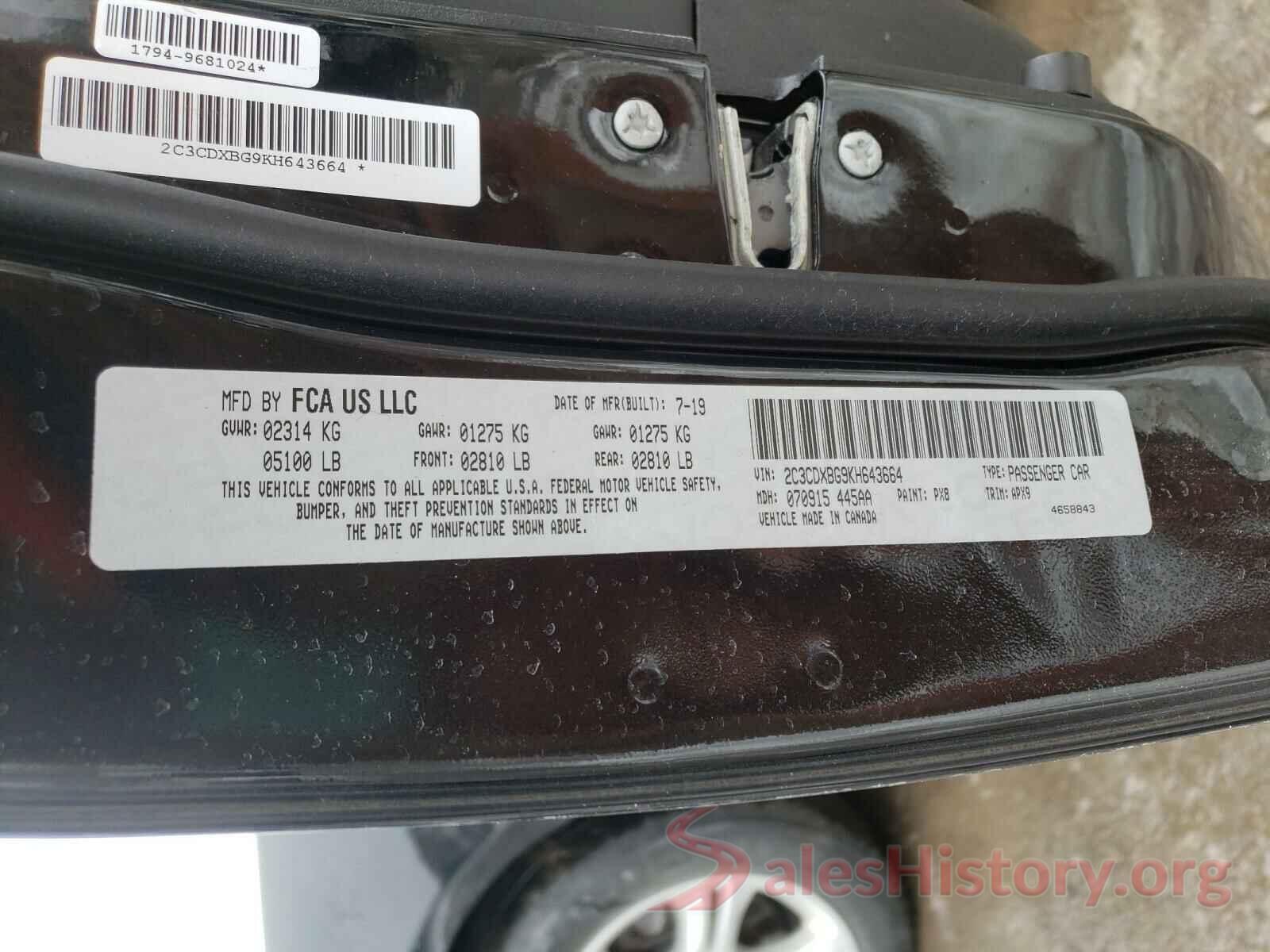 2C3CDXBG9KH643664 2019 DODGE CHARGER