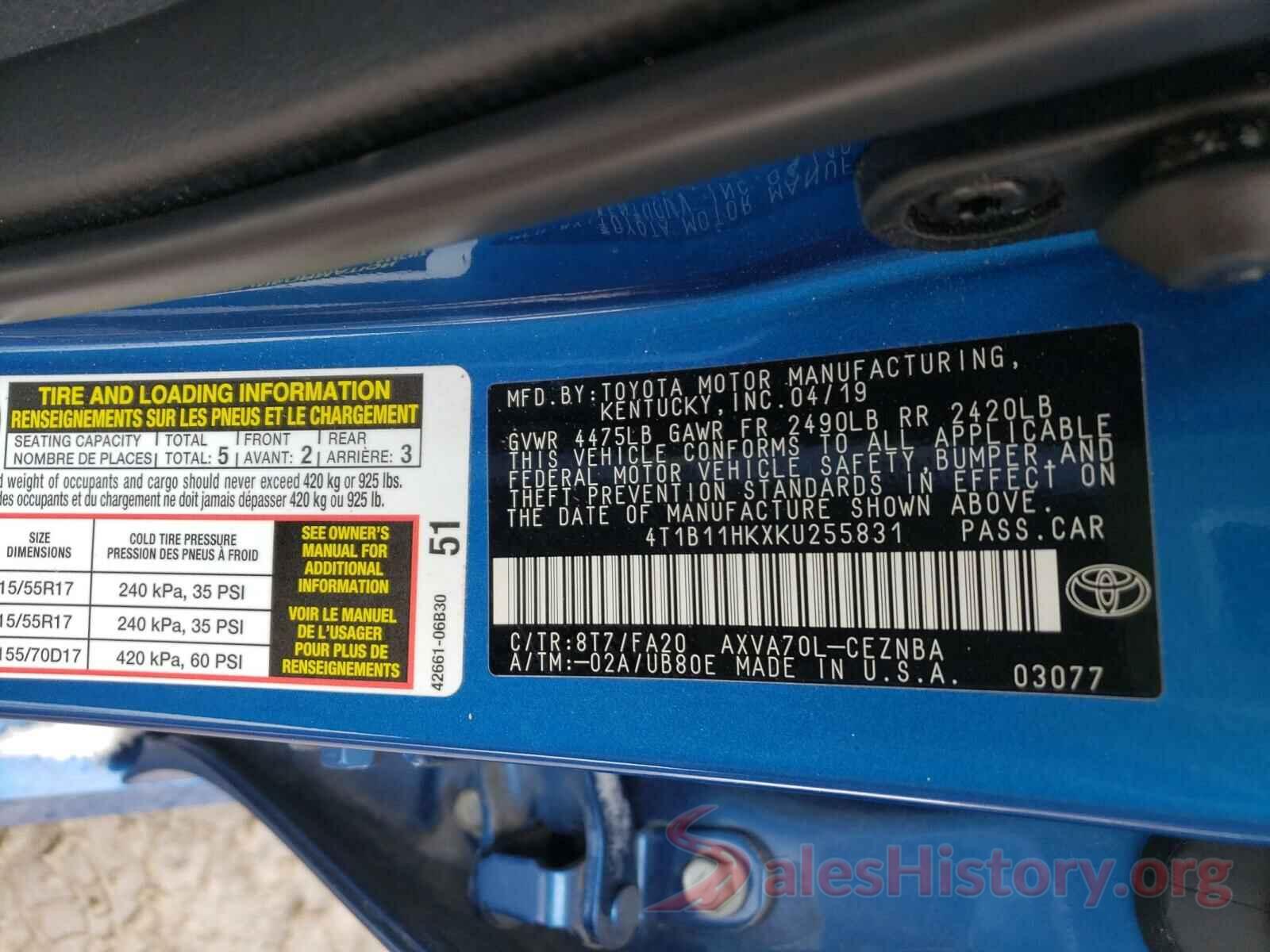 4T1B11HKXKU255831 2019 TOYOTA CAMRY